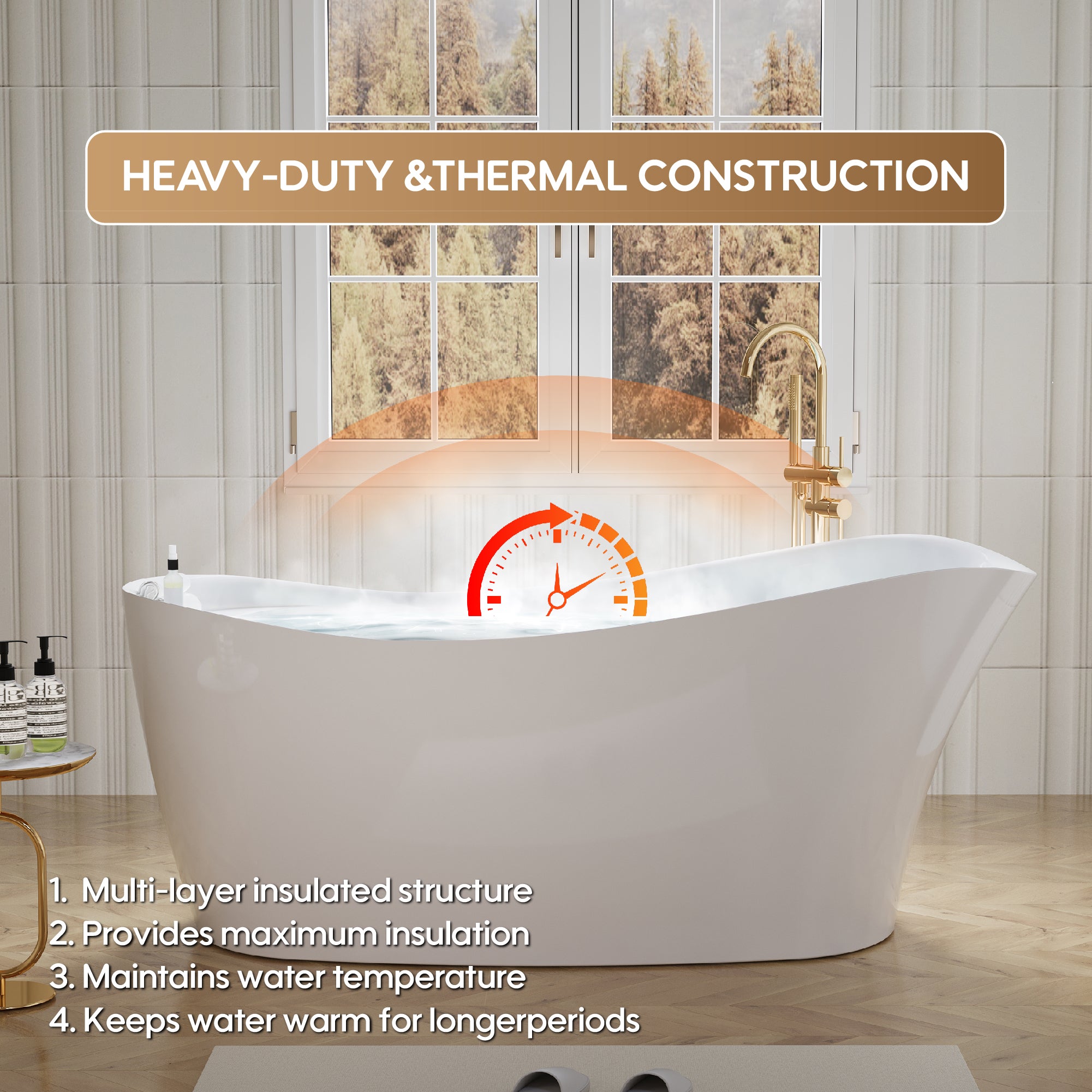 69" Freestanding Glossy White Acrylic Bathtub with Slotted Overflow and Drainer