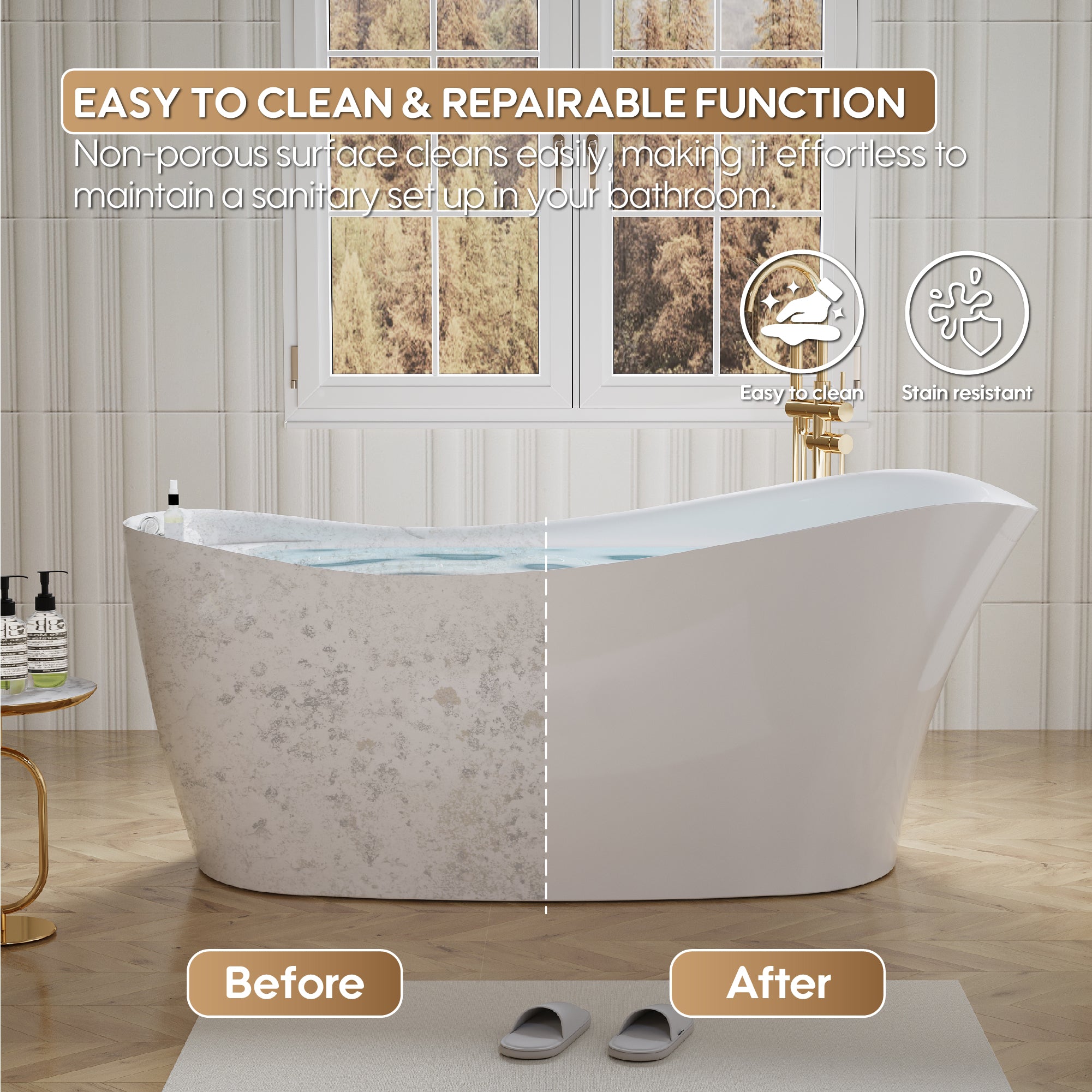 69" Freestanding Glossy White Acrylic Bathtub with Slotted Overflow and Drainer