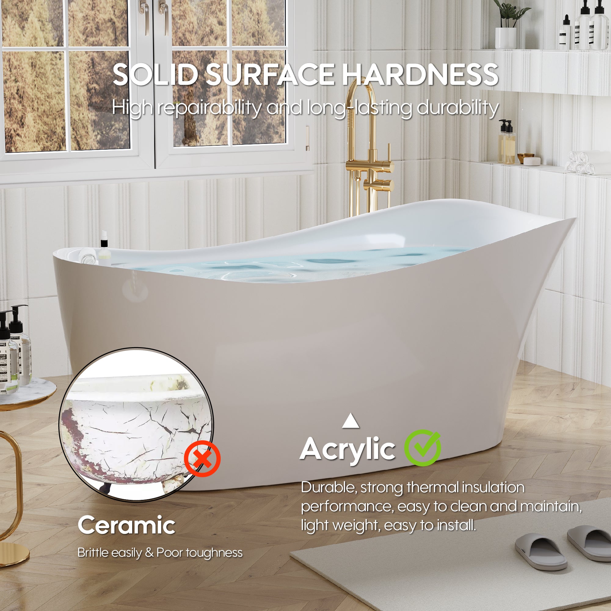 69" Freestanding Glossy White Acrylic Bathtub with Slotted Overflow and Drainer