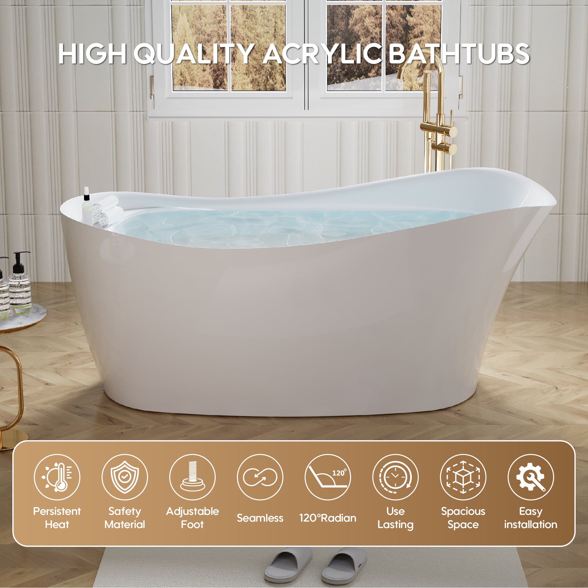 69" Freestanding Glossy White Acrylic Bathtub with Slotted Overflow and Drainer