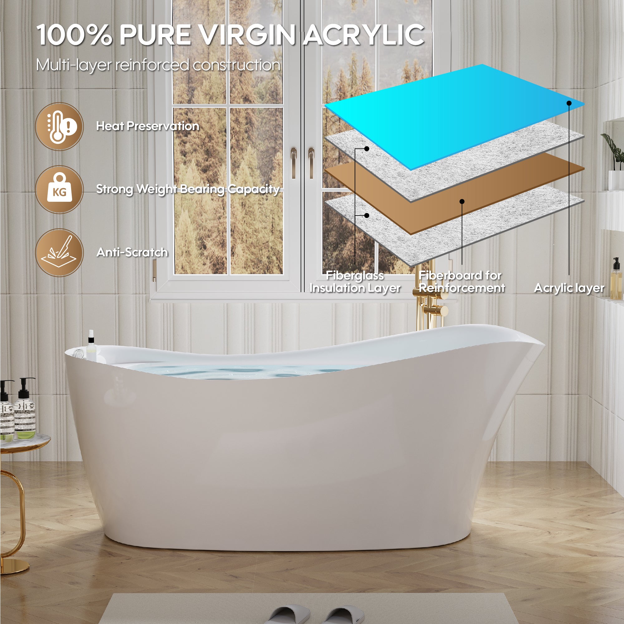 69" Freestanding Glossy White Acrylic Bathtub with Slotted Overflow and Drainer