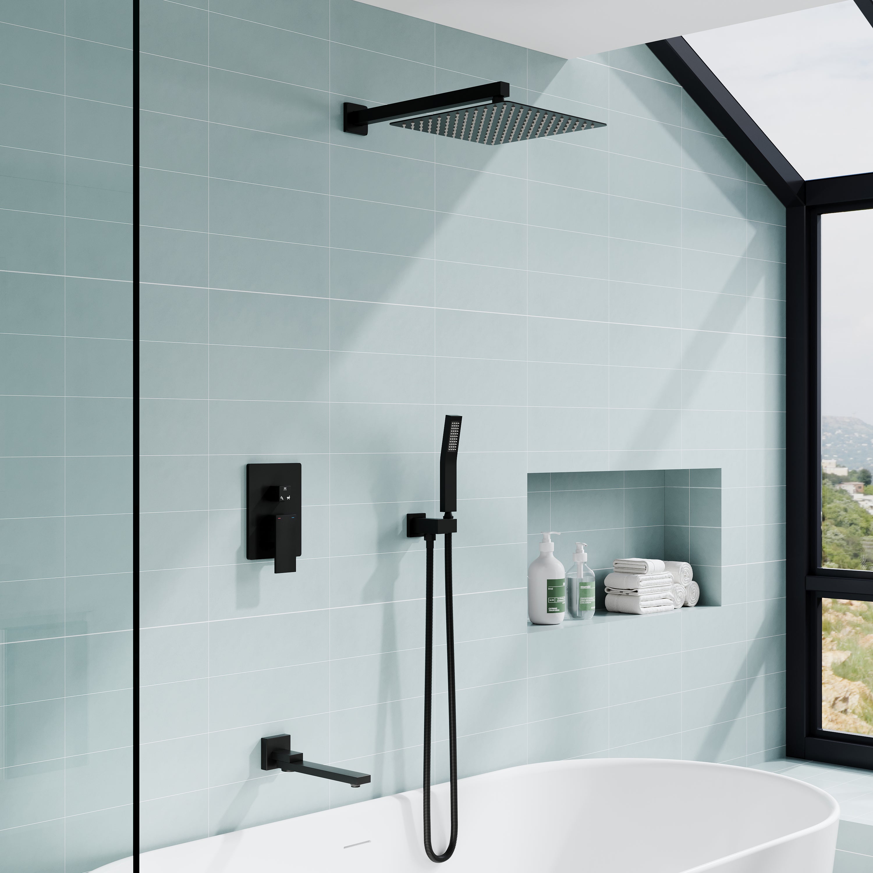 10 inch Single Handle High Pressure Tub and Shower Faucet with Hand Shower in Matte Black