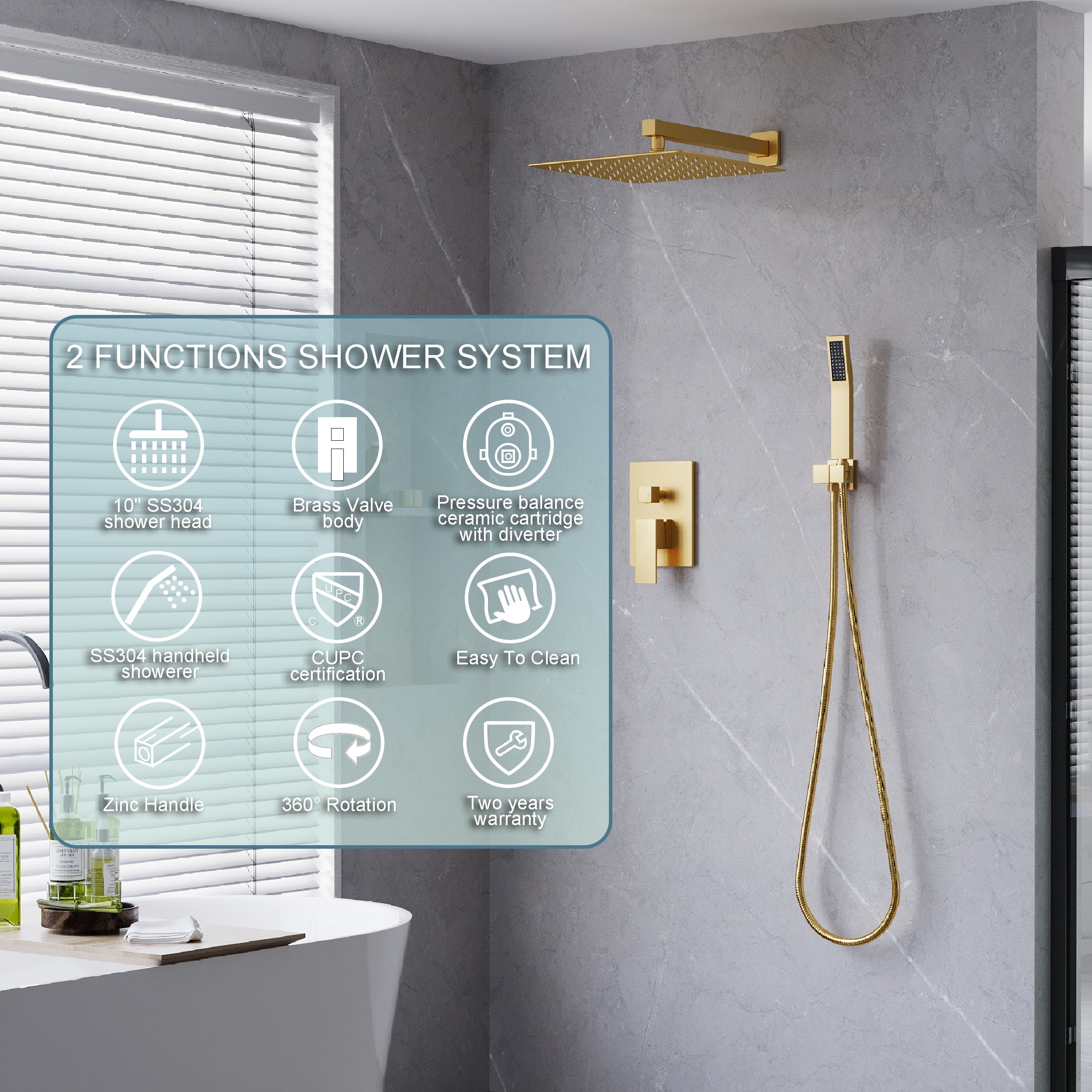 10-in Rain Shower Head Wall Mount Dual Head Built-In Shower System with with 2-way Diverter Valve Included