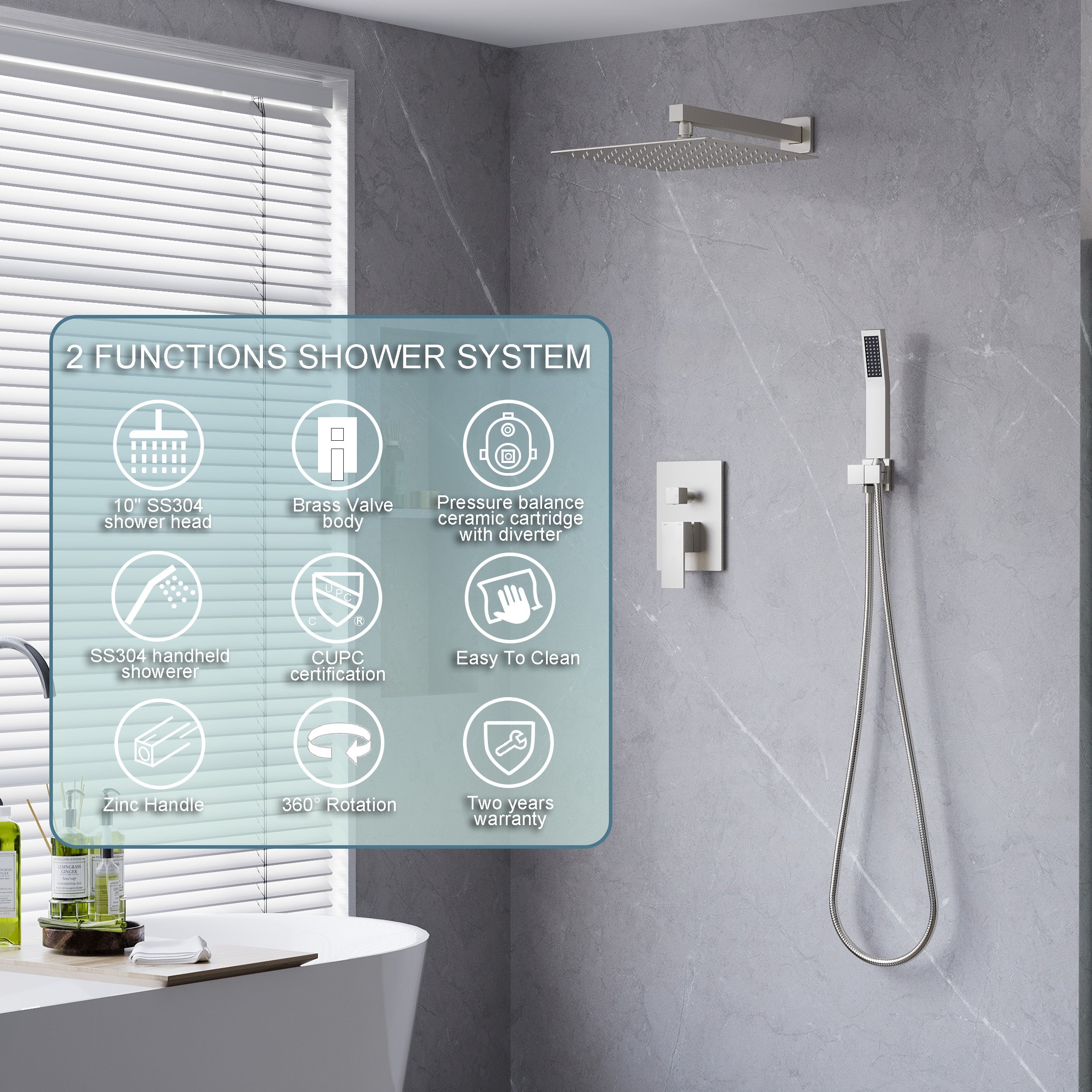10-in Rain Shower Head Wall Mount Dual Head Built-In Shower System with with 2-way Diverter Valve Included