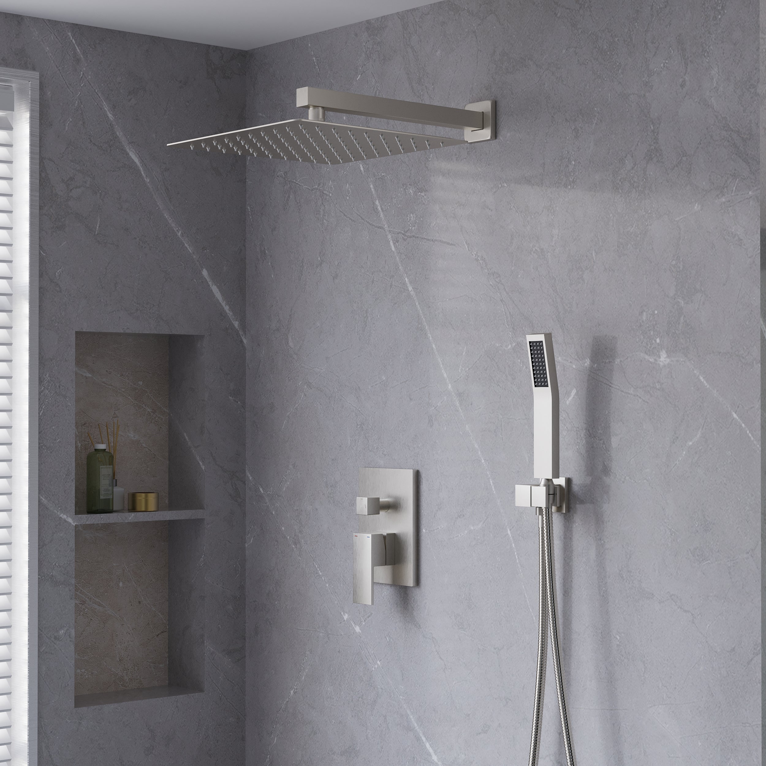 10-in Rain Shower Head Wall Mount Dual Head Built-In Shower System with with 2-way Diverter Valve Included