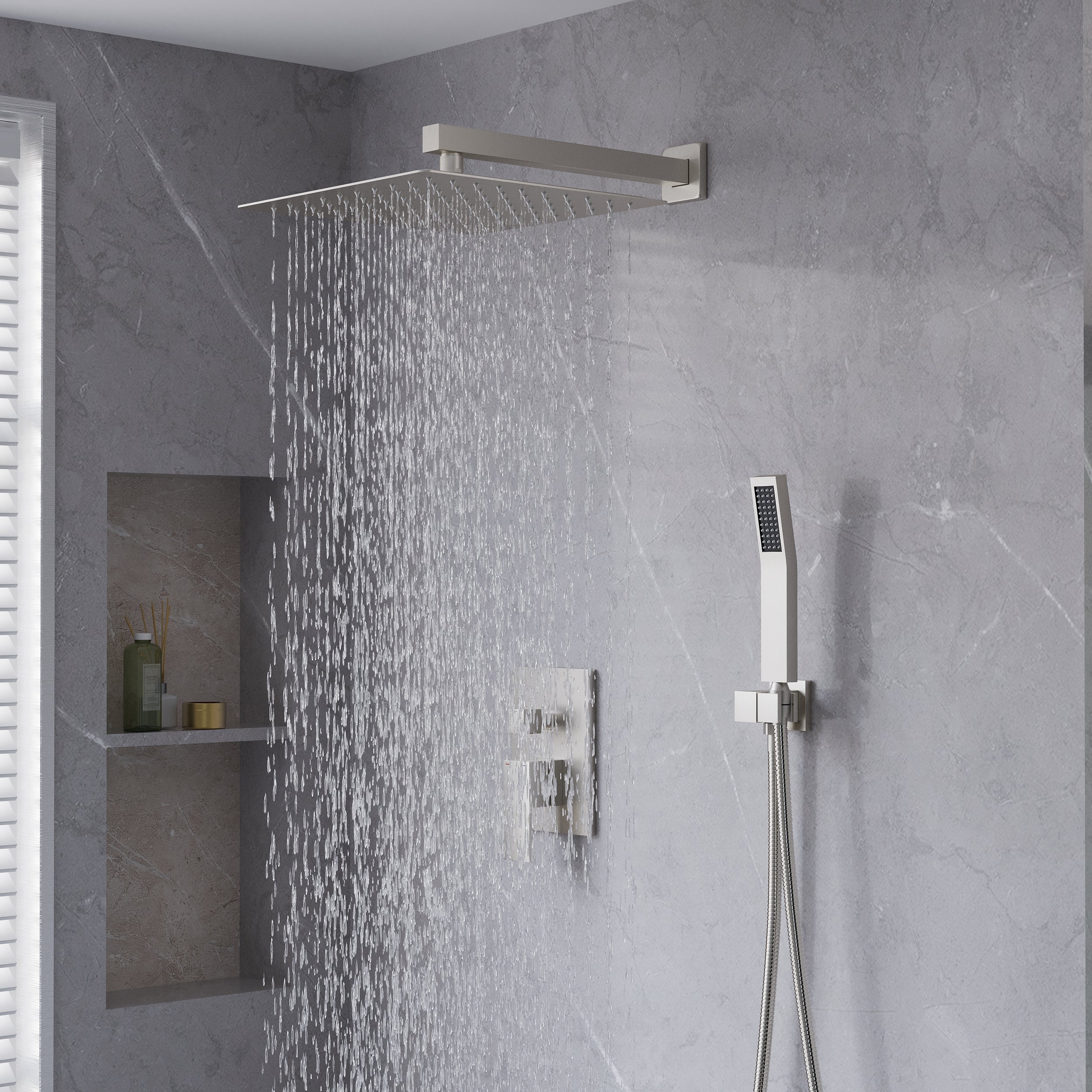 10-in Rain Shower Head Wall Mount Dual Head Built-In Shower System with with 2-way Diverter Valve Included