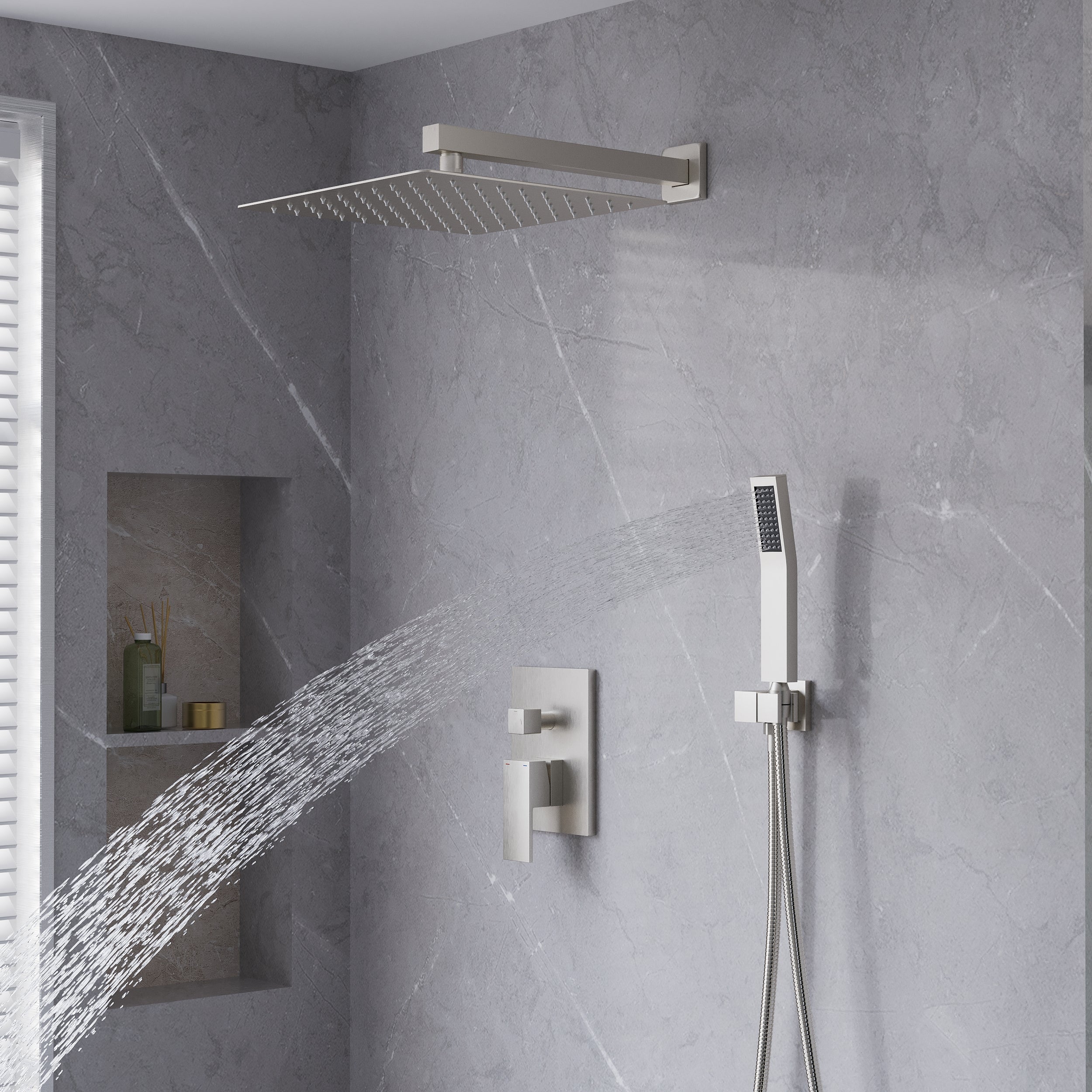 10-in Rain Shower Head Wall Mount Dual Head Built-In Shower System with with 2-way Diverter Valve Included