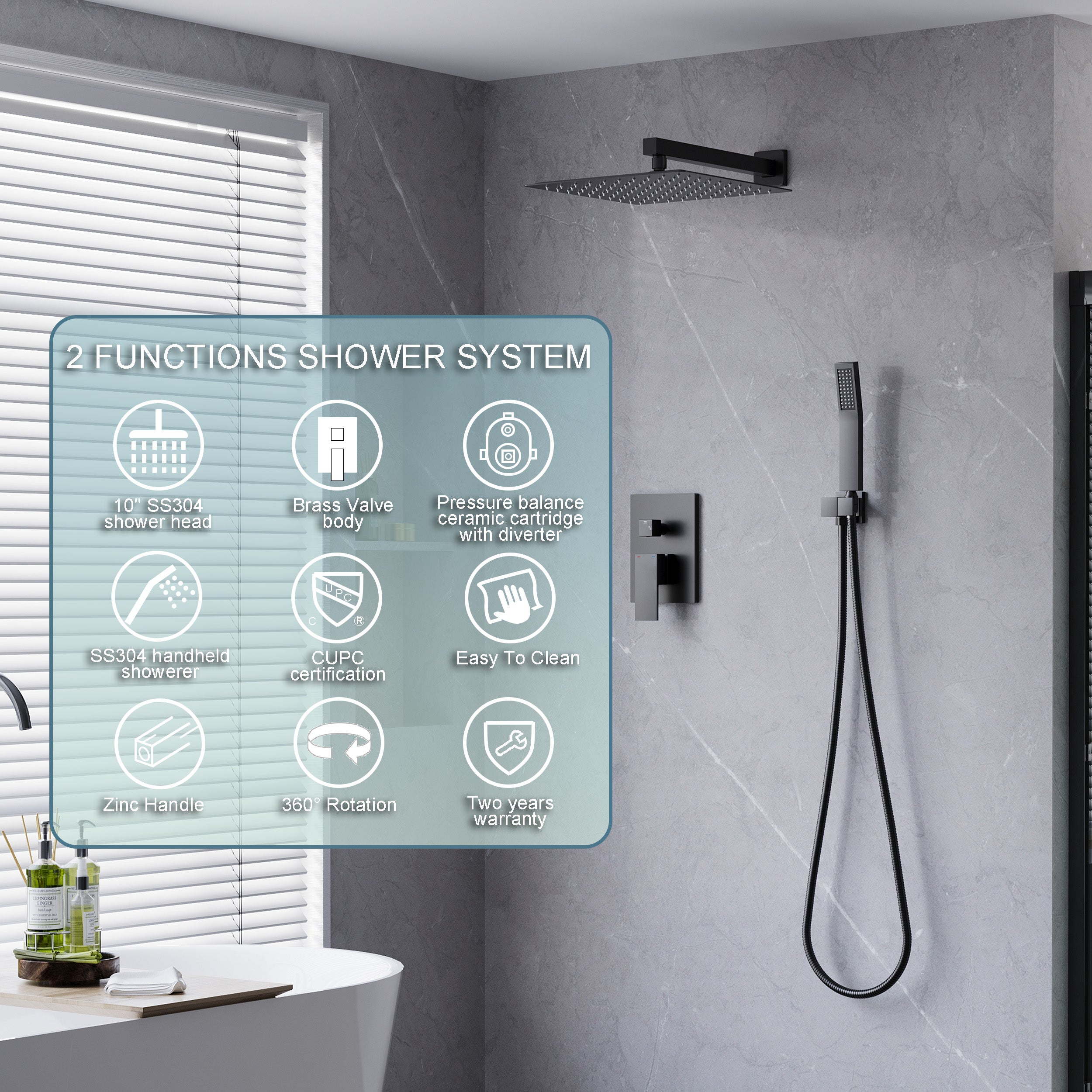 10-in Rain Shower Head Wall Mount Dual Head Built-In Shower System with with 2-way Diverter Valve Included