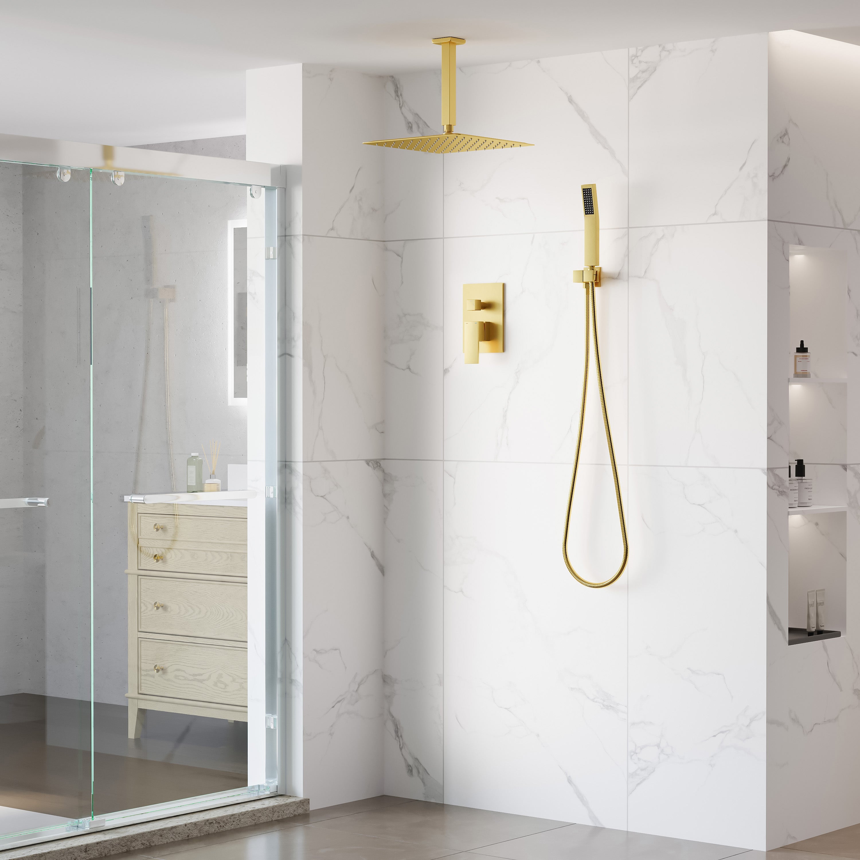 12-Inch Rain Shower System with Dual Heads, Waterfall & 2-Way Diverter, Ceiling Mount