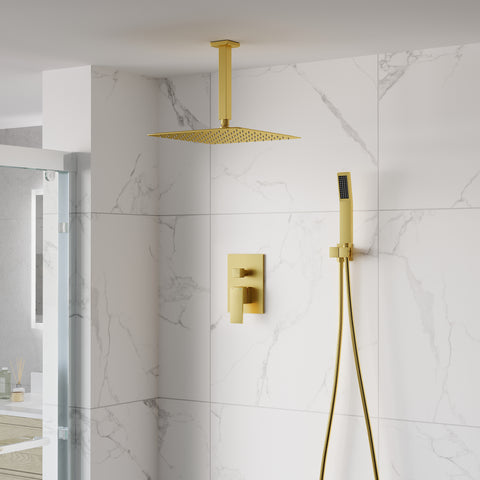 12-Inch Rain Shower System with Dual Heads, Waterfall & 2-Way Diverter, Ceiling Mount