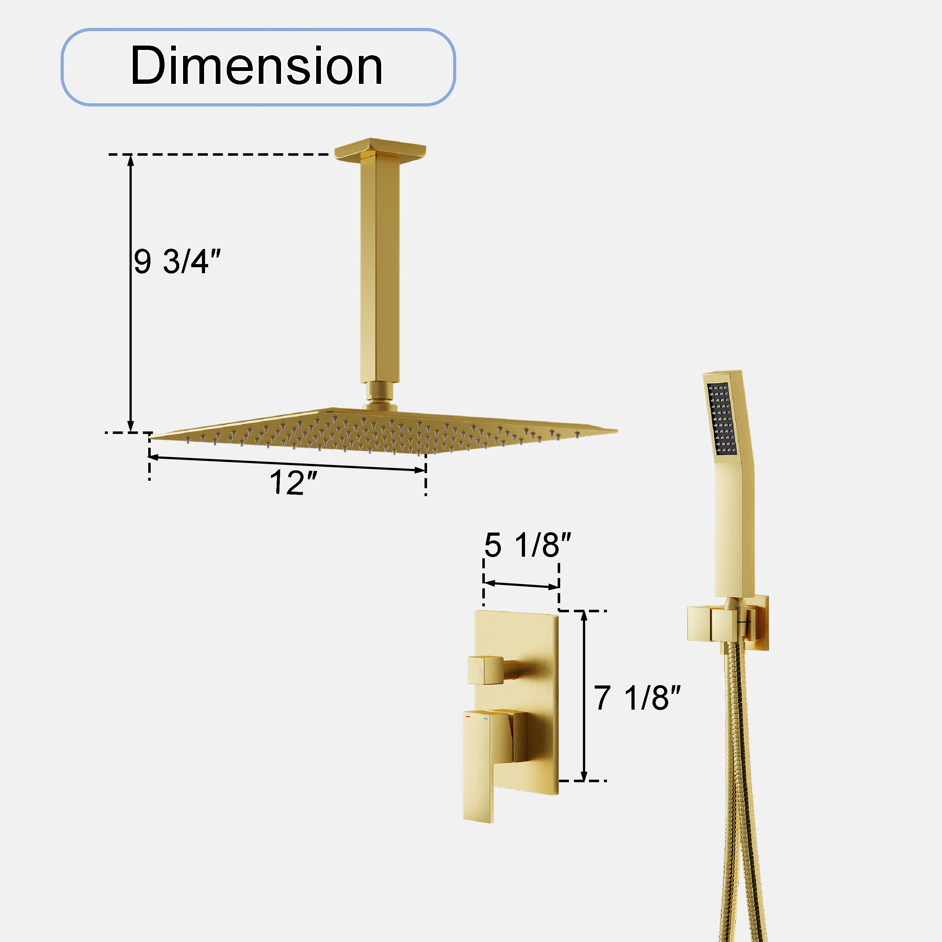 12-Inch Rain Shower System with Dual Heads, Waterfall & 2-Way Diverter, Ceiling Mount