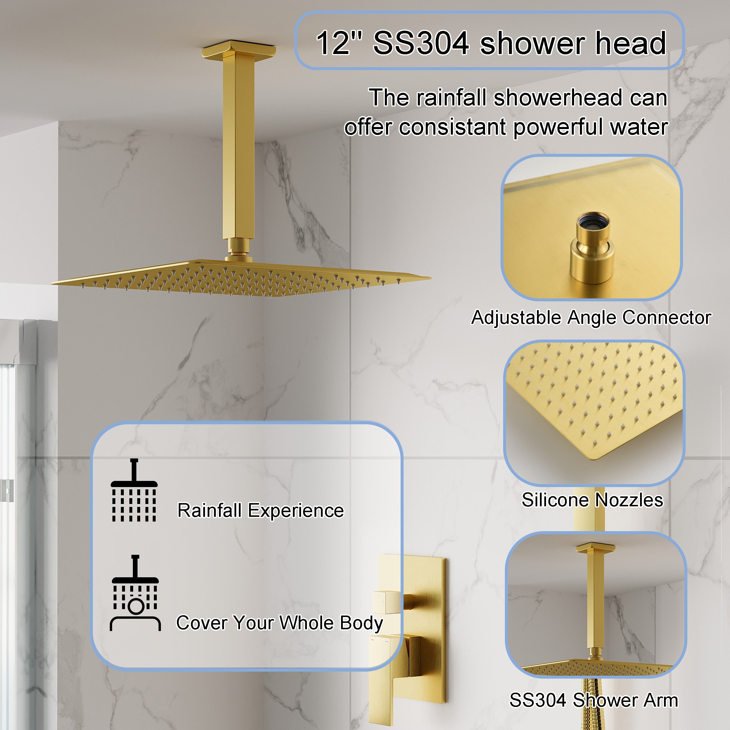 12-Inch Rain Shower System with Dual Heads, Waterfall & 2-Way Diverter, Ceiling Mount
