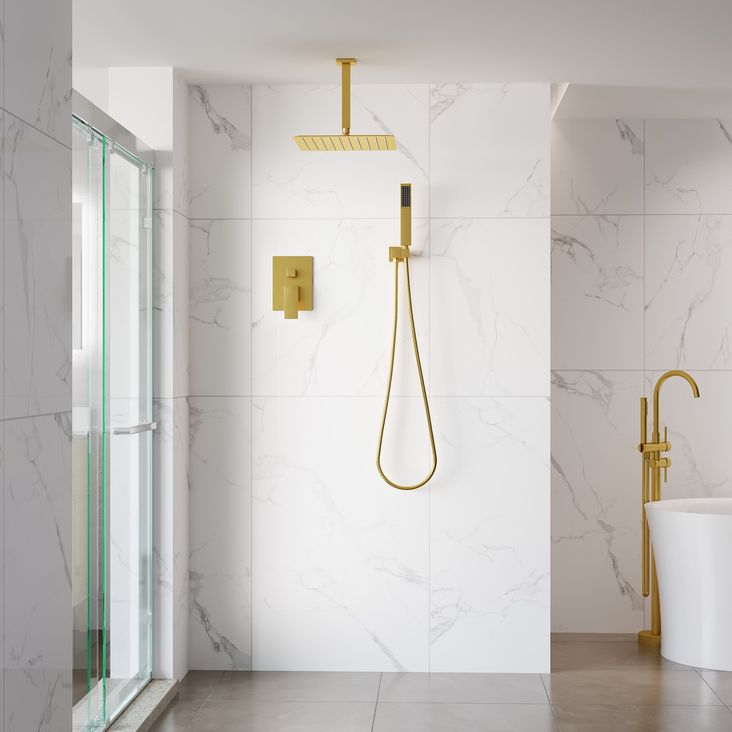 12-Inch Rain Shower System with Dual Heads, Waterfall & 2-Way Diverter, Ceiling Mount