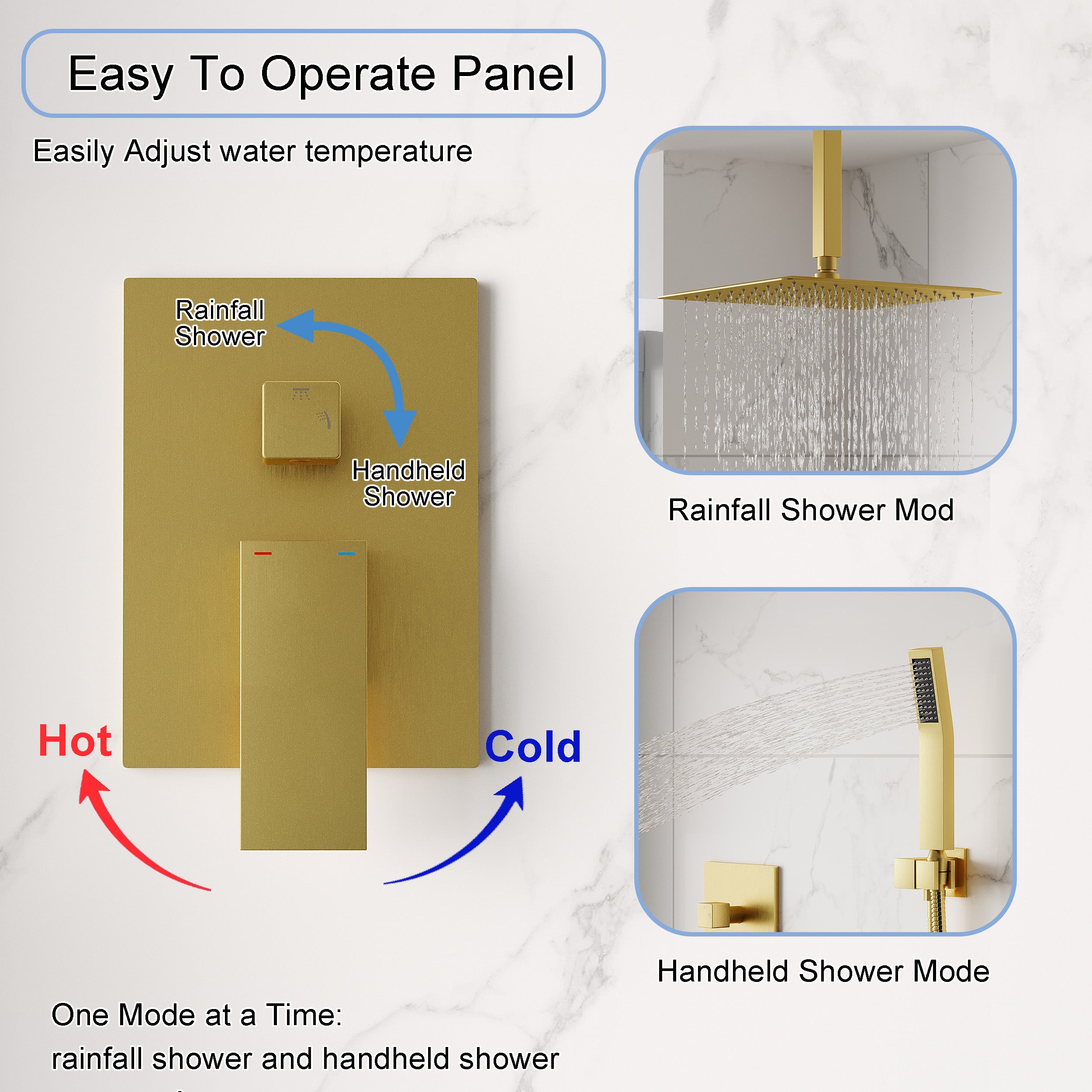 12-Inch Rain Shower System with Dual Heads, Waterfall & 2-Way Diverter, Ceiling Mount