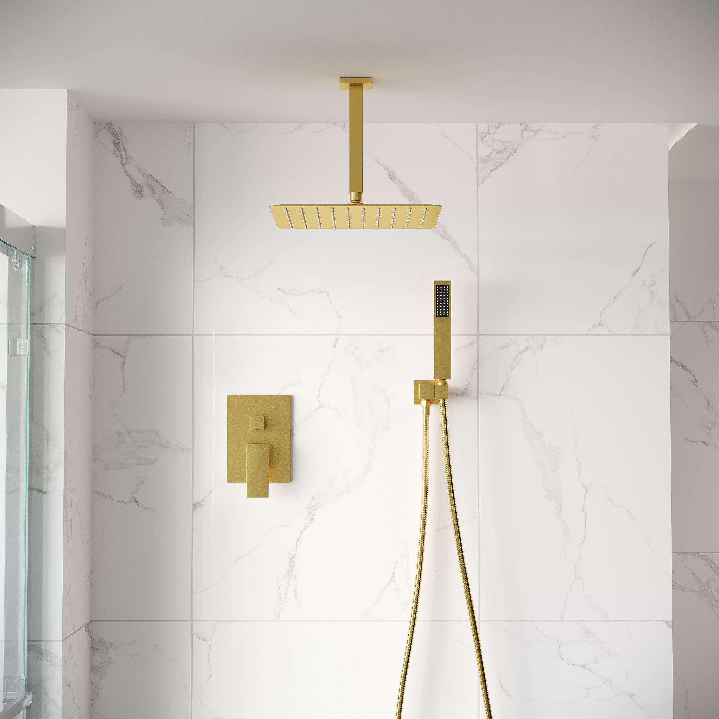 12-Inch Rain Shower System with Dual Heads, Waterfall & 2-Way Diverter, Ceiling Mount