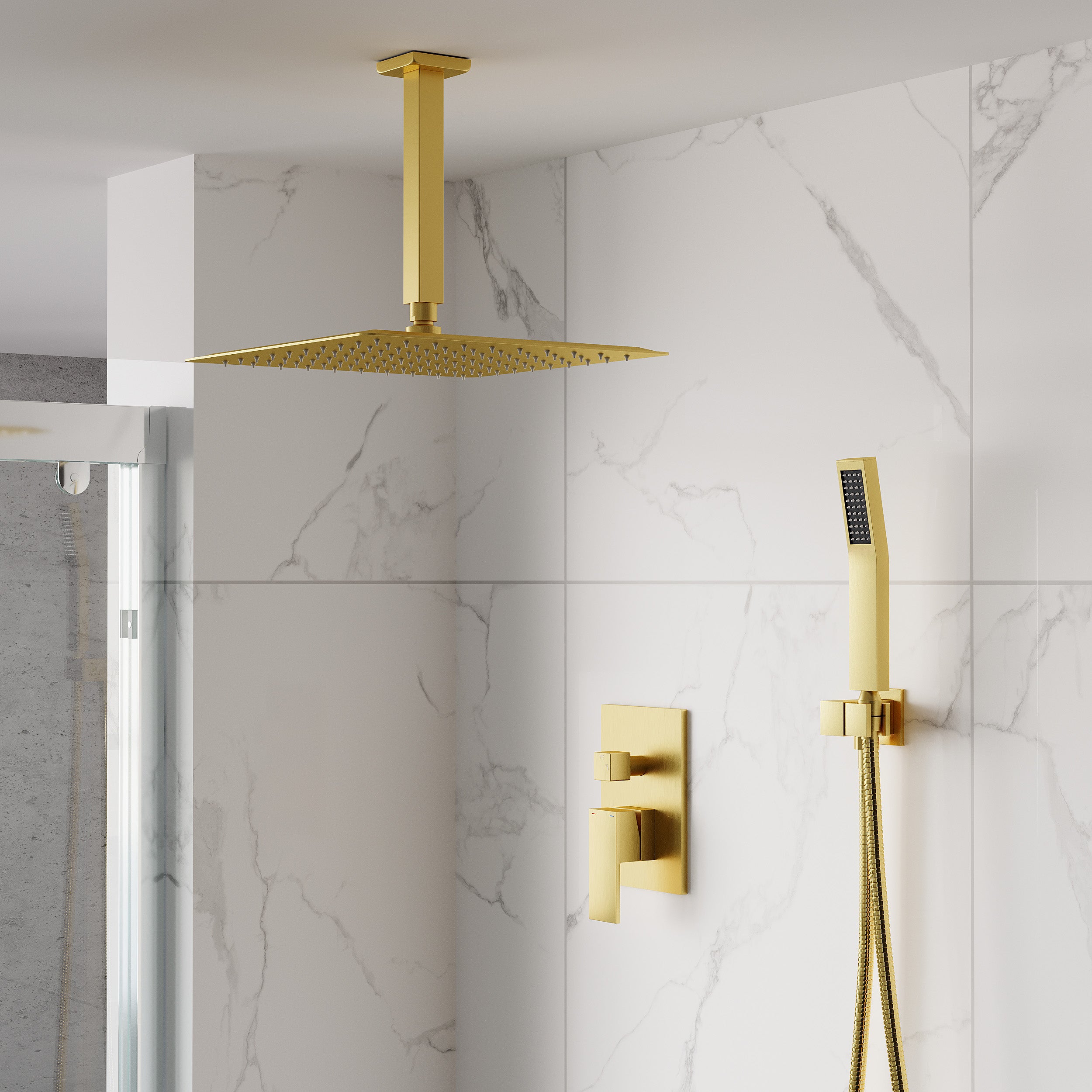 12-Inch Rain Shower System with Dual Heads, Waterfall & 2-Way Diverter, Ceiling Mount