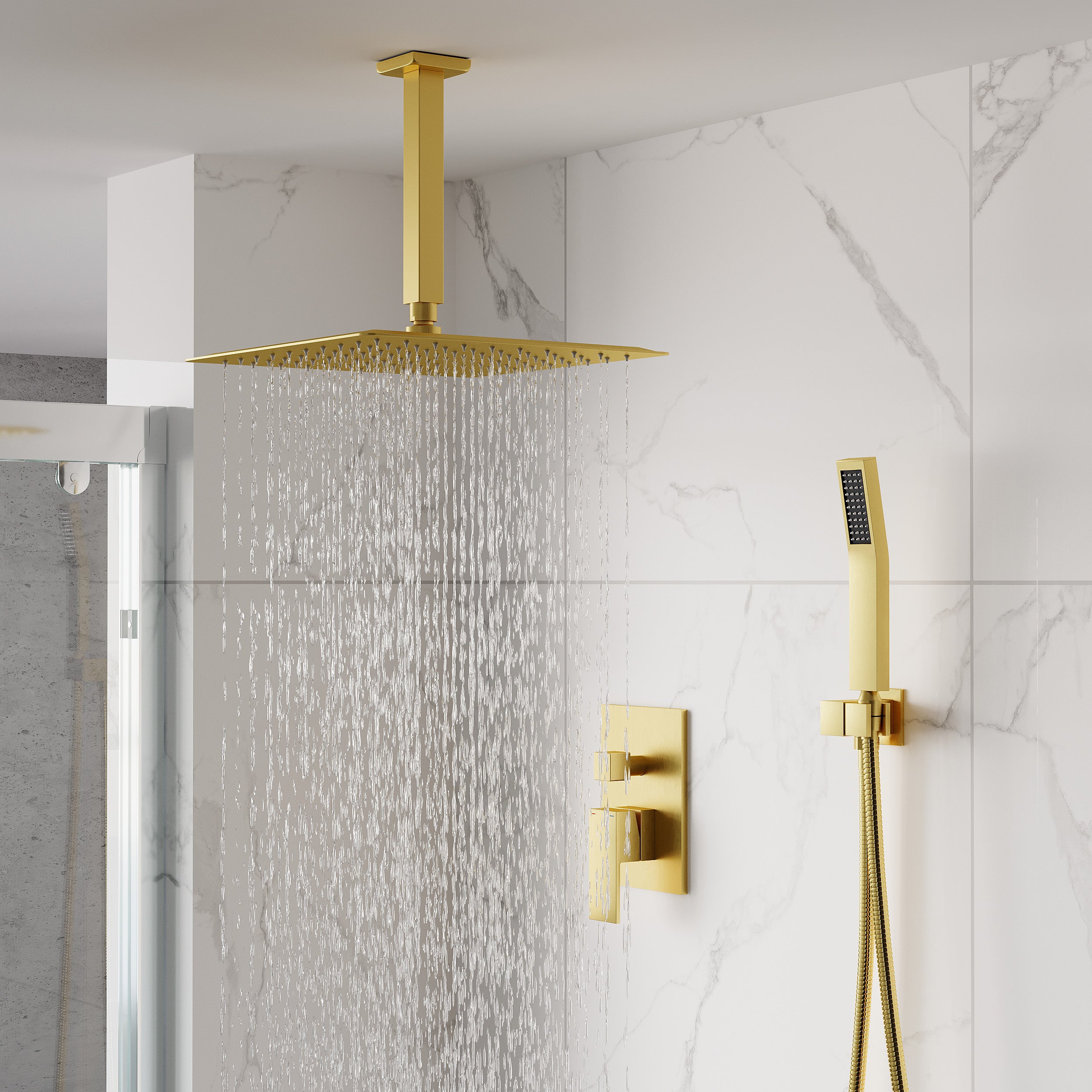 12-Inch Rain Shower System with Dual Heads, Waterfall & 2-Way Diverter, Ceiling Mount