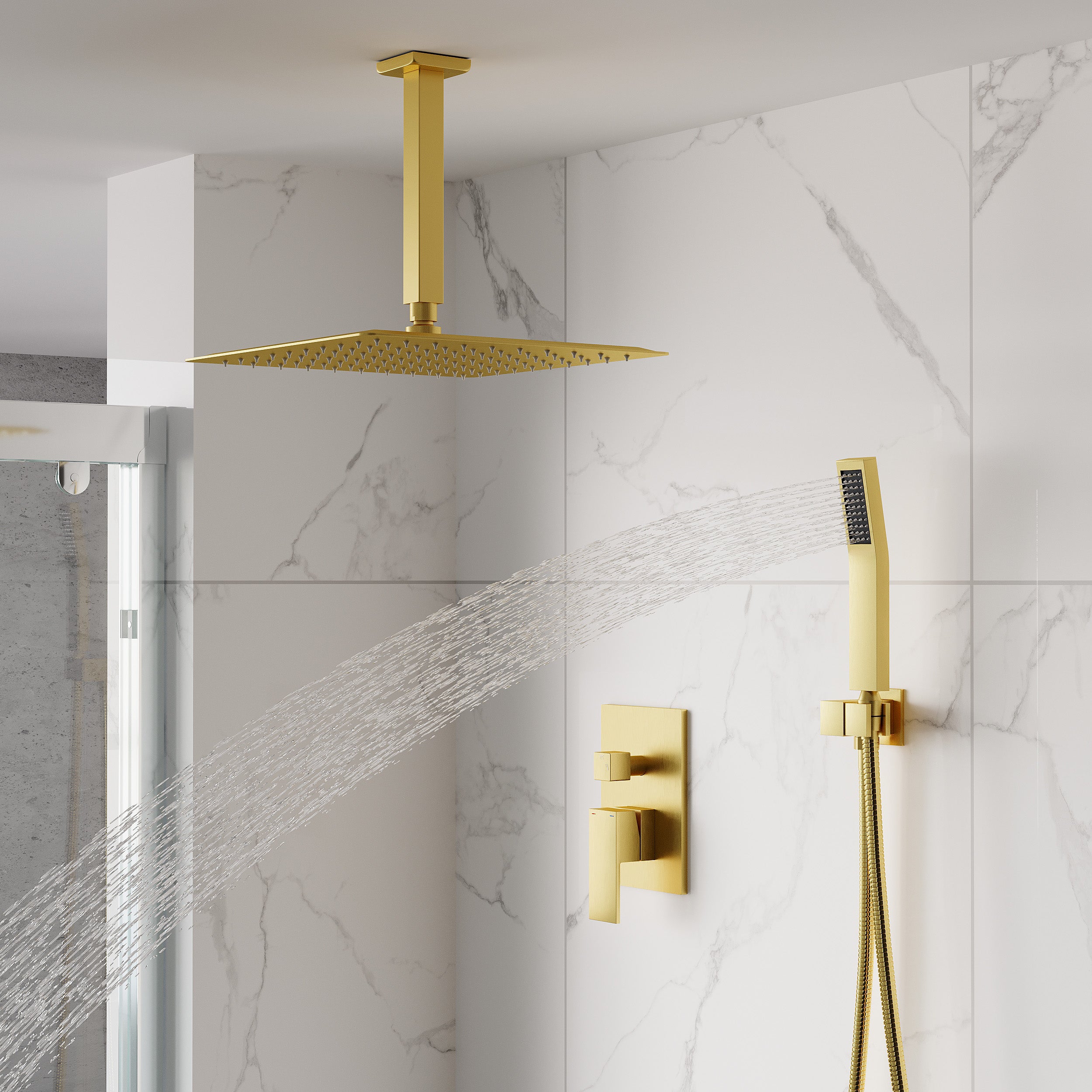 12-Inch Rain Shower System with Dual Heads, Waterfall & 2-Way Diverter, Ceiling Mount