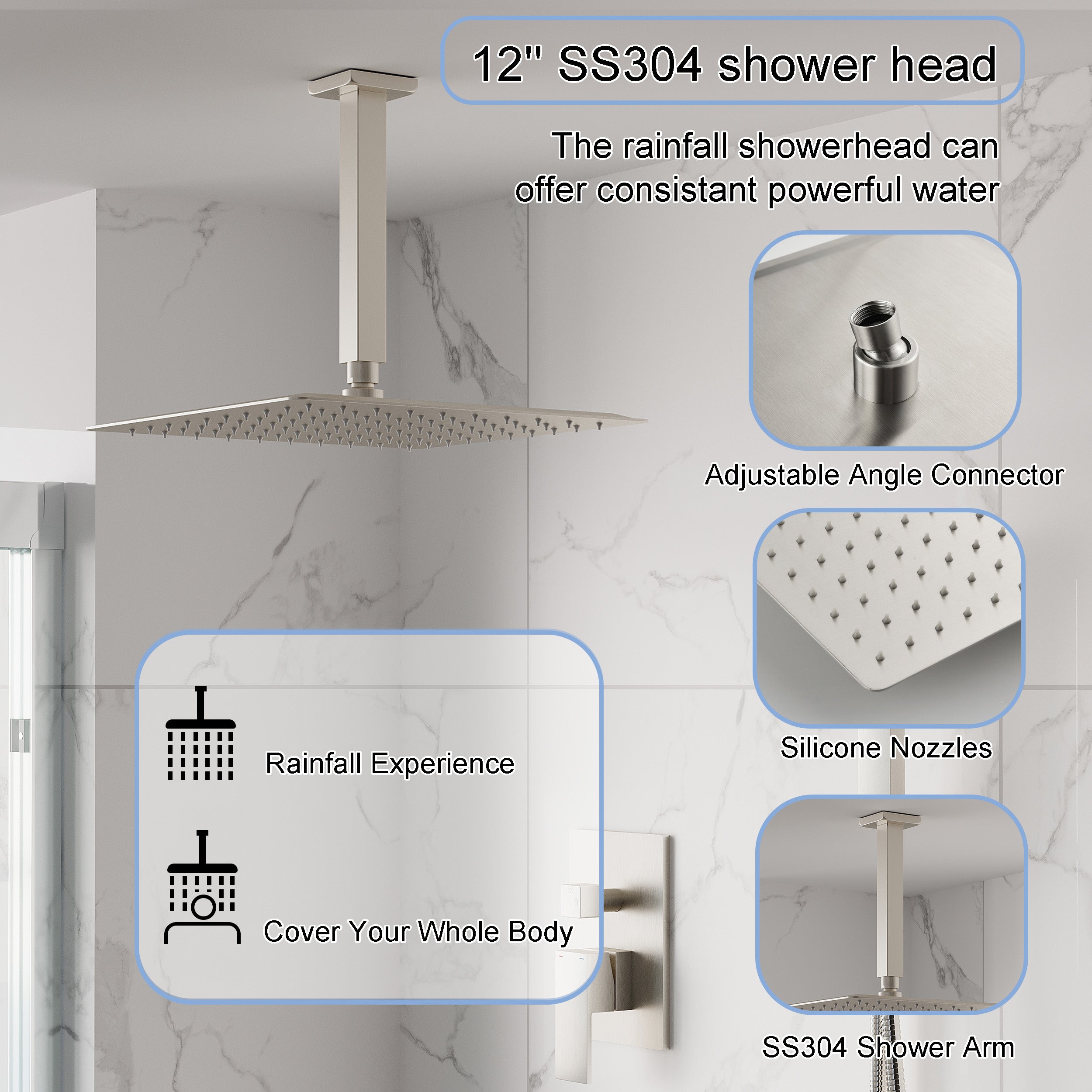12-Inch Rain Shower System with Dual Heads, Waterfall & 2-Way Diverter, Ceiling Mount