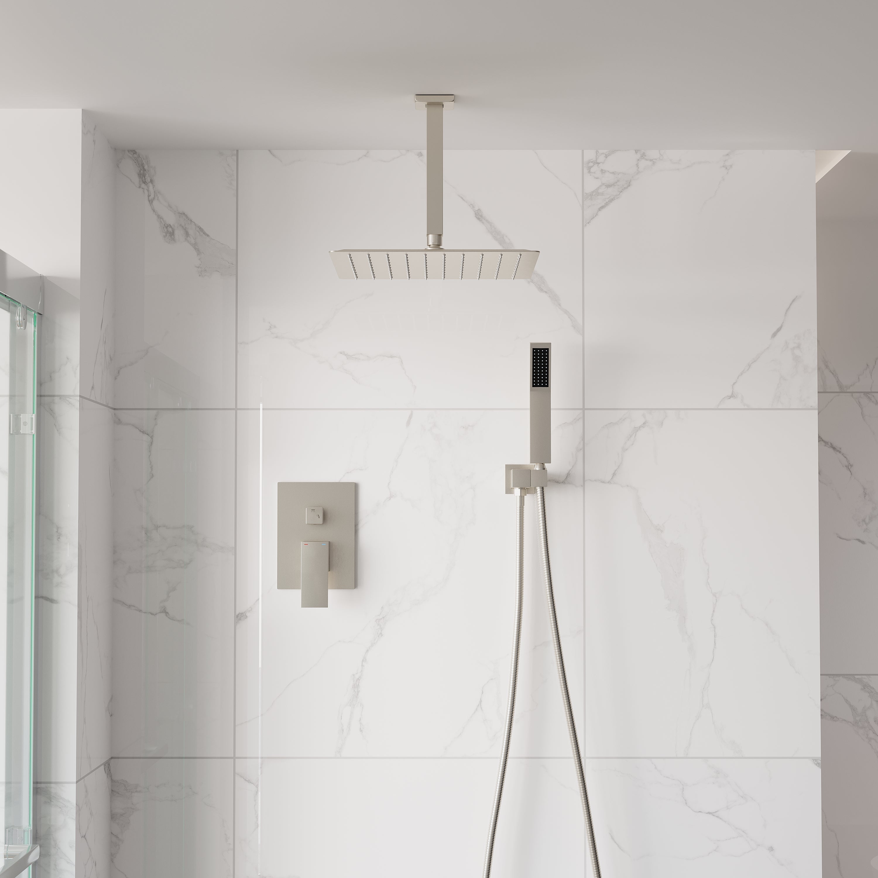 12-Inch Rain Shower System with Dual Heads, Waterfall & 2-Way Diverter, Ceiling Mount