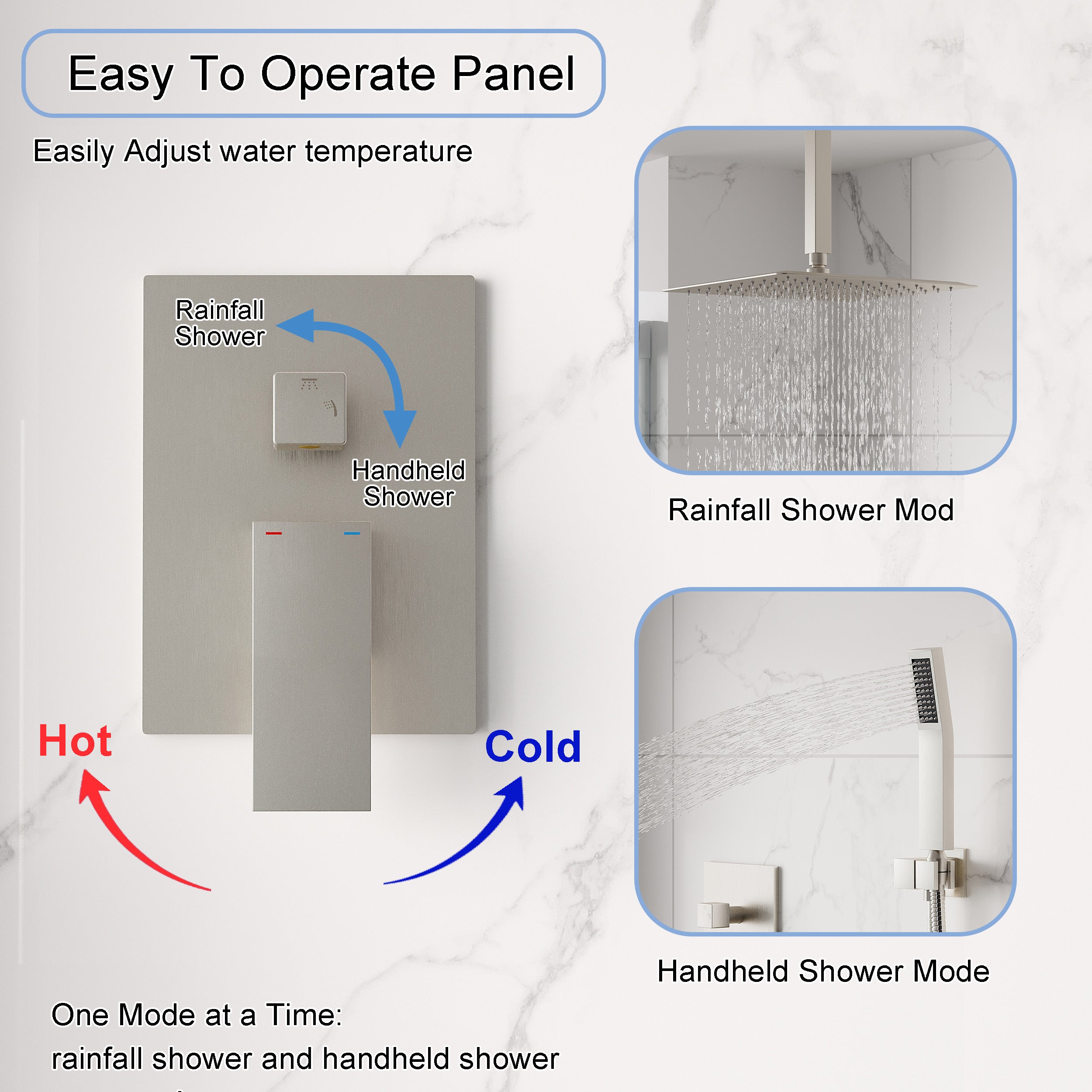12-Inch Rain Shower System with Dual Heads, Waterfall & 2-Way Diverter, Ceiling Mount