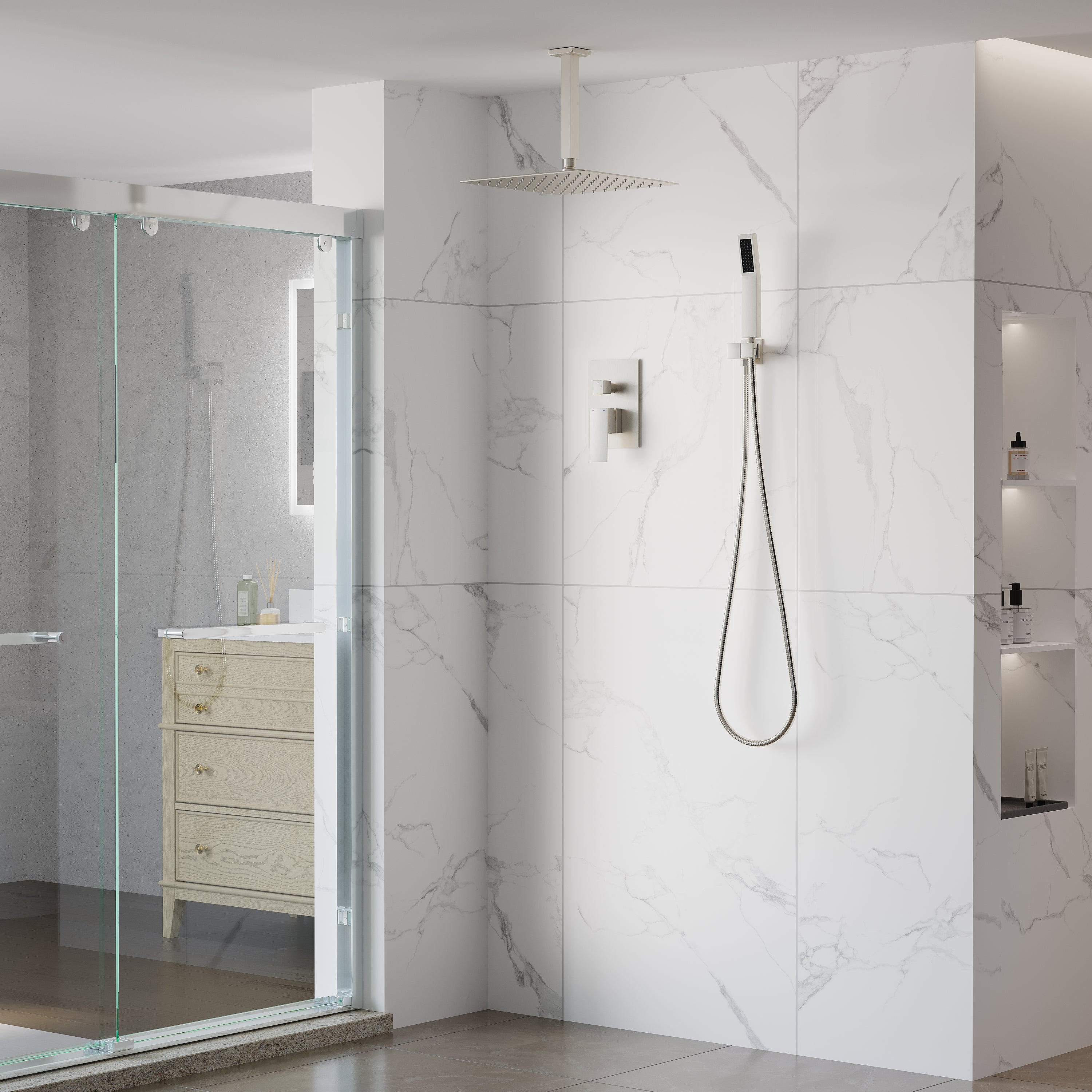 12-Inch Rain Shower System with Dual Heads, Waterfall & 2-Way Diverter, Ceiling Mount
