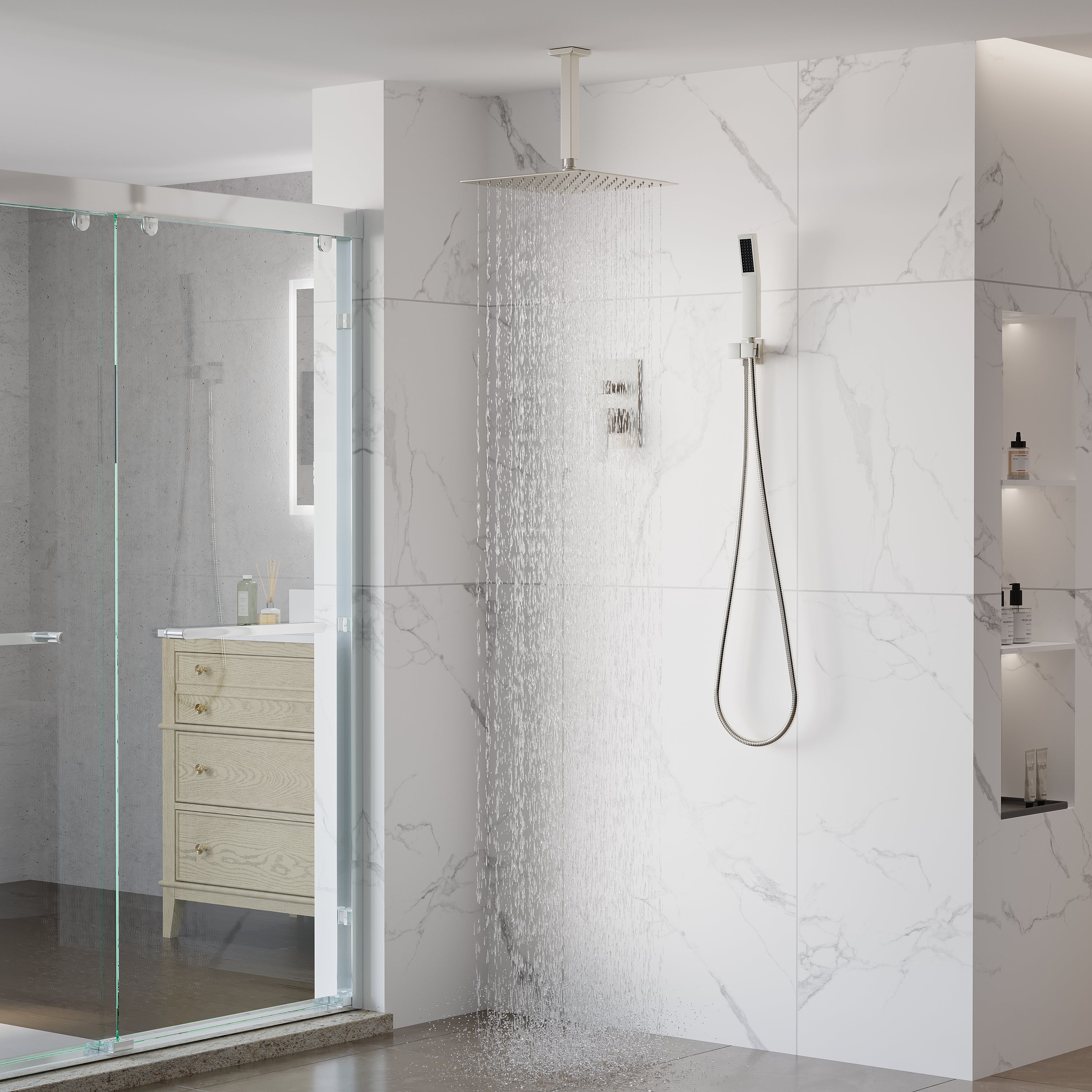 12-Inch Rain Shower System with Dual Heads, Waterfall & 2-Way Diverter, Ceiling Mount