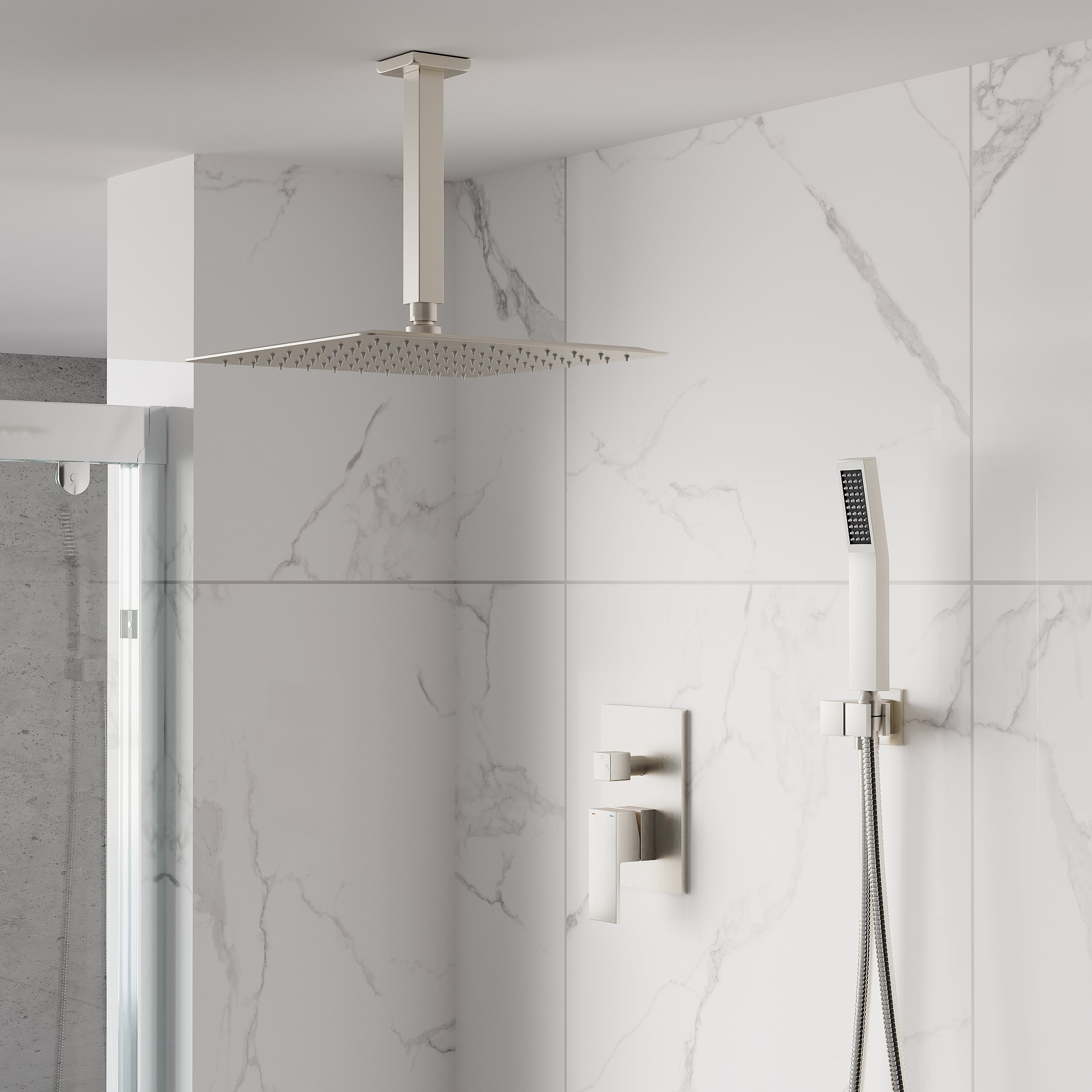 12-Inch Rain Shower System with Dual Heads, Waterfall & 2-Way Diverter, Ceiling Mount