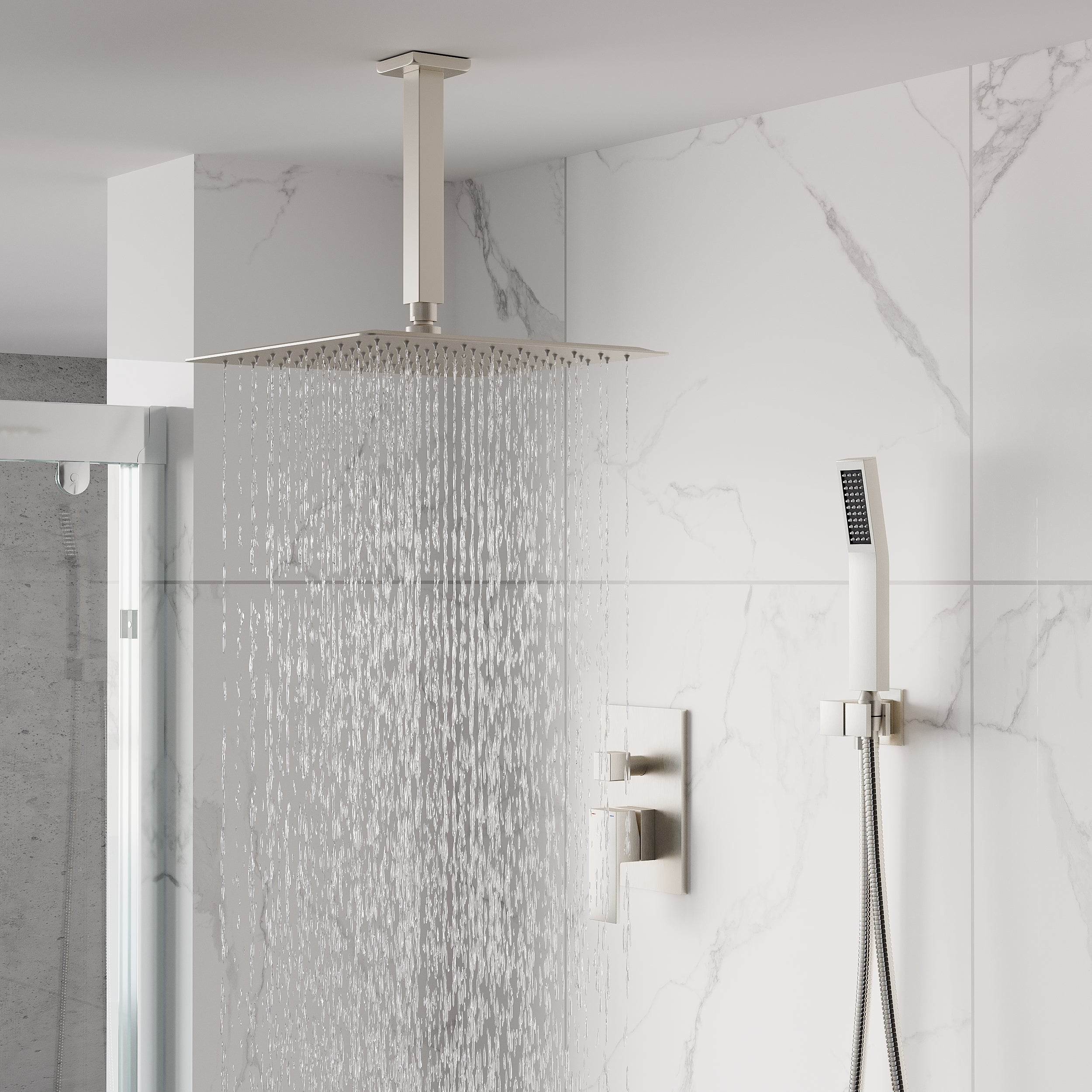 12-Inch Rain Shower System with Dual Heads, Waterfall & 2-Way Diverter, Ceiling Mount