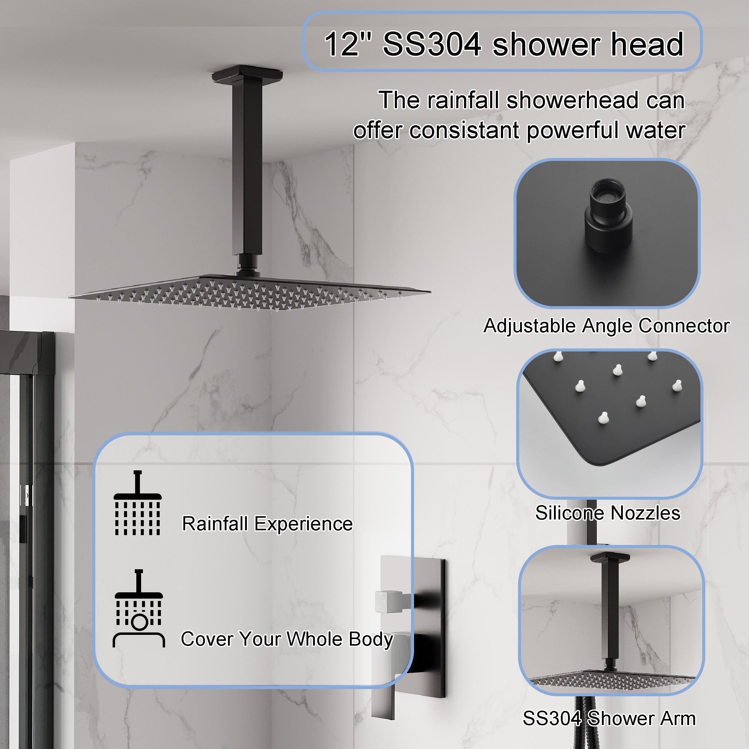 12-Inch Rain Shower System with Dual Heads, Waterfall & 2-Way Diverter, Ceiling Mount