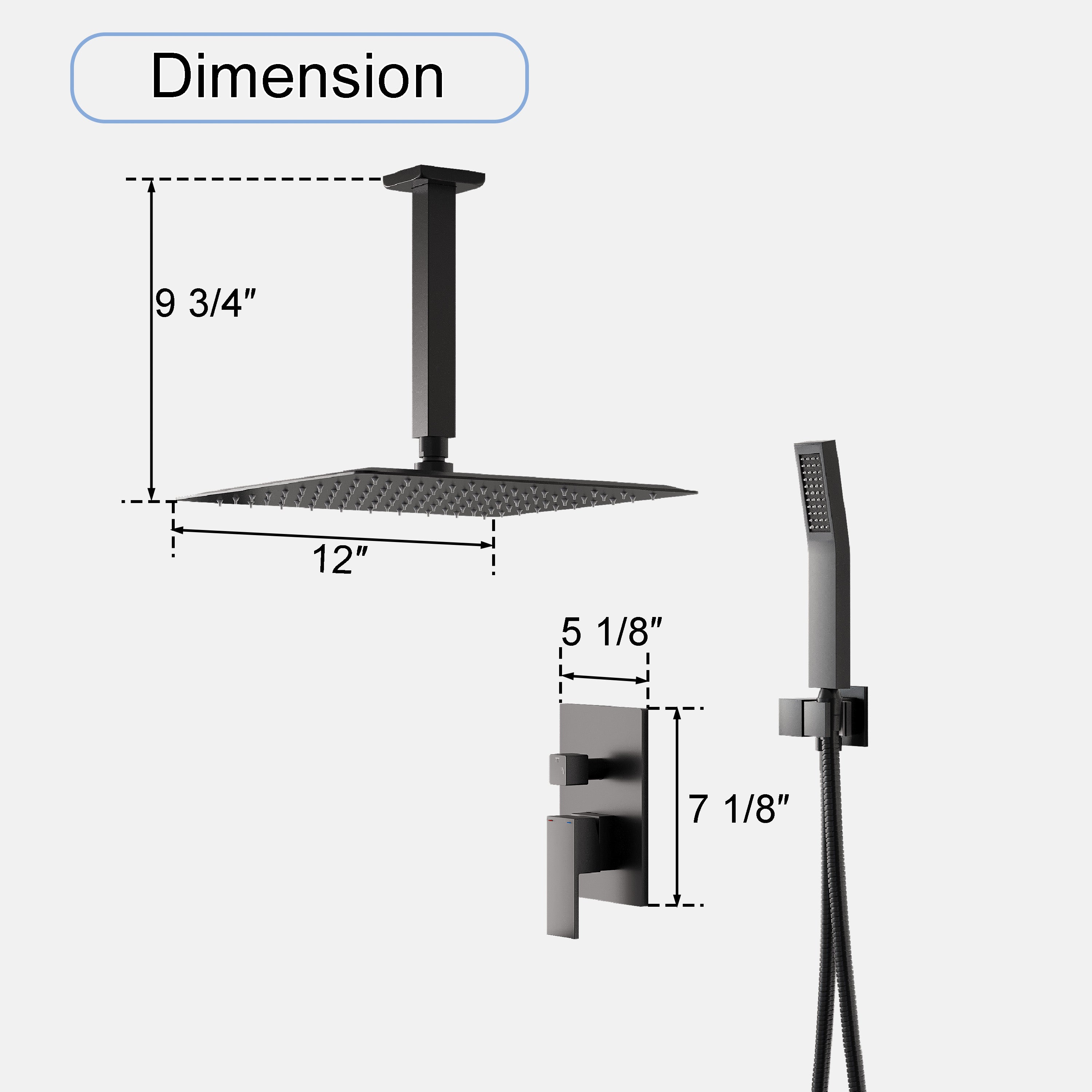 12-Inch Rain Shower System with Dual Heads, Waterfall & 2-Way Diverter, Ceiling Mount