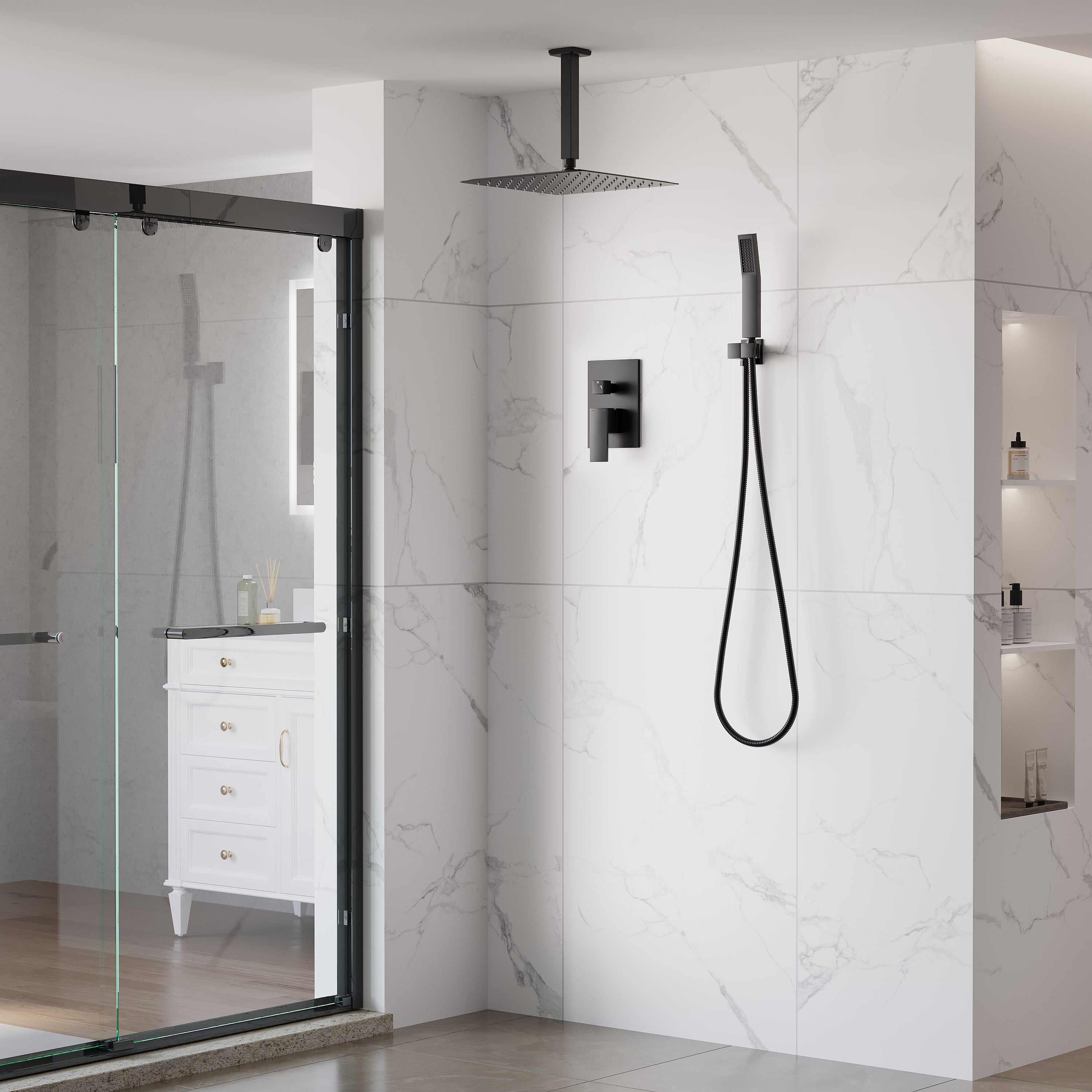 12-Inch Rain Shower System with Dual Heads, Waterfall & 2-Way Diverter, Ceiling Mount