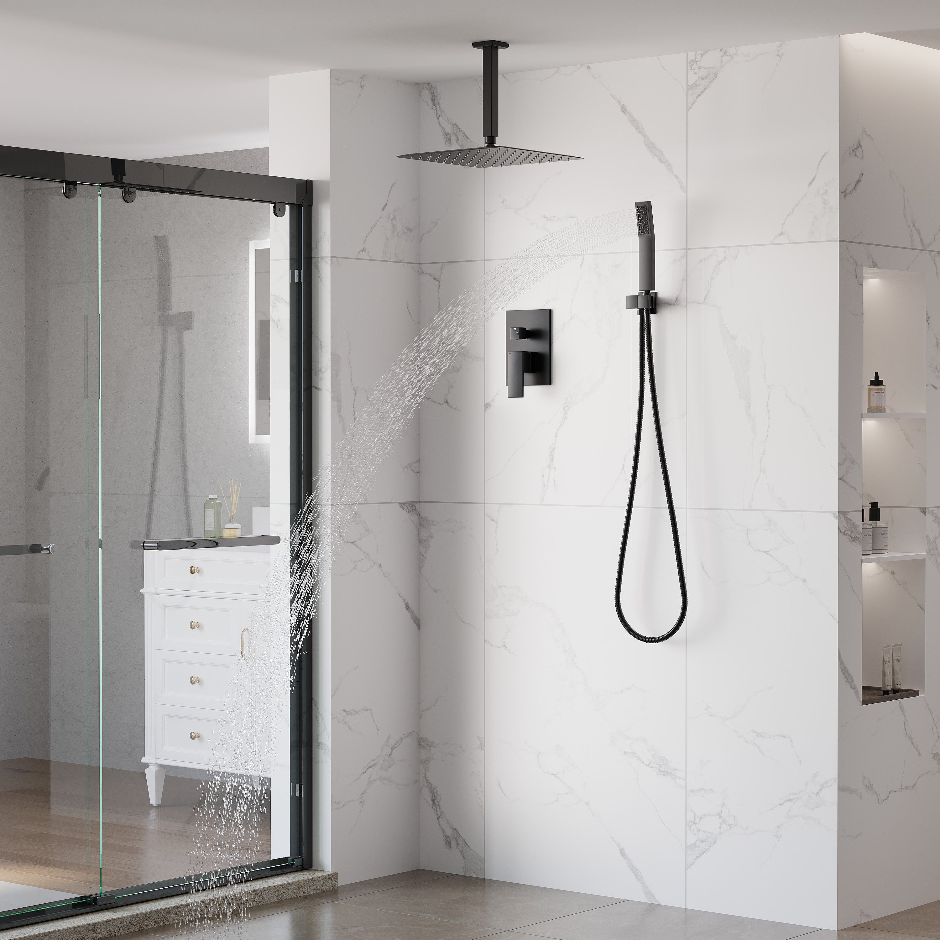 12-Inch Rain Shower System with Dual Heads, Waterfall & 2-Way Diverter, Ceiling Mount
