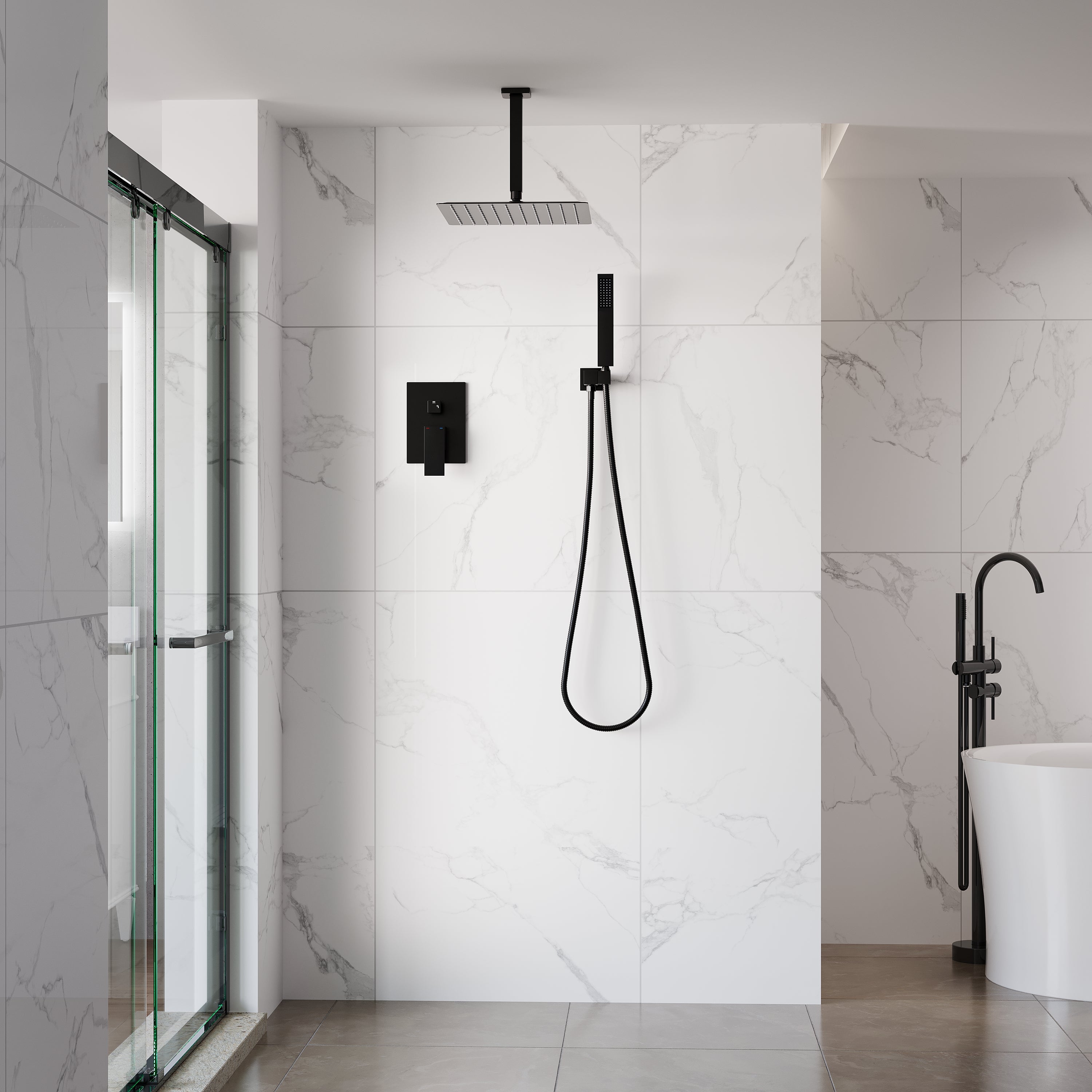 12-Inch Rain Shower System with Dual Heads, Waterfall & 2-Way Diverter, Ceiling Mount