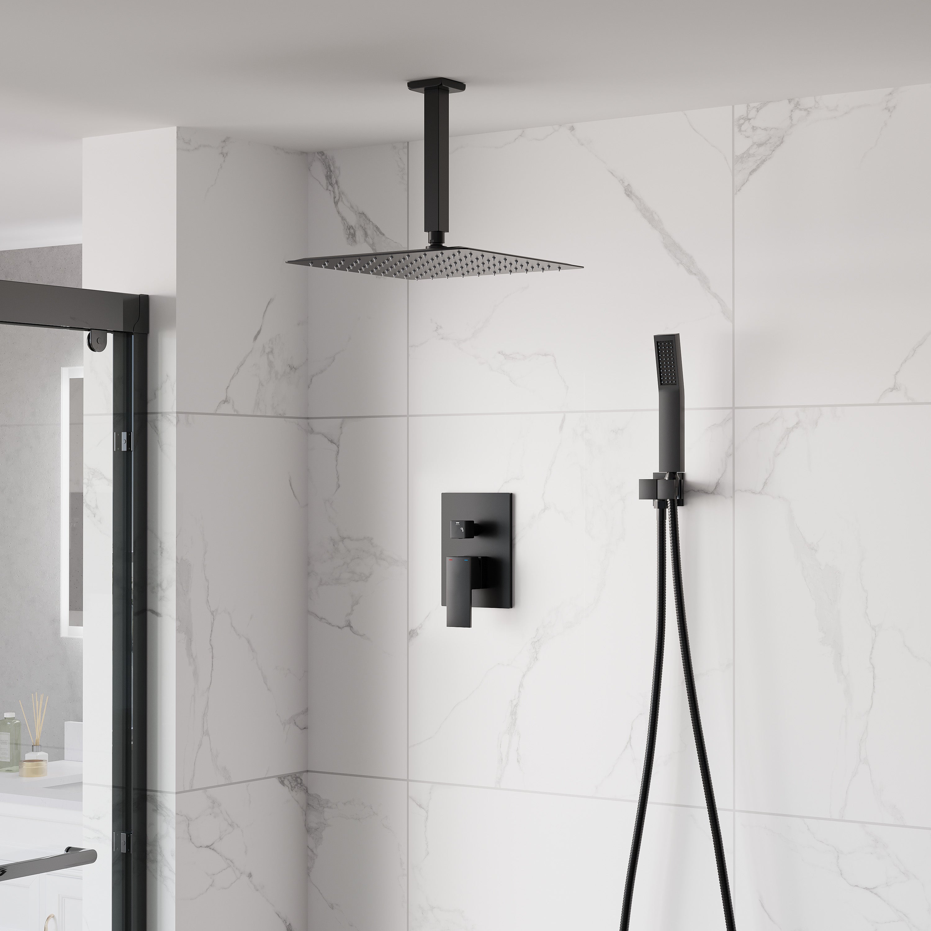 12-Inch Rain Shower System with Dual Heads, Waterfall & 2-Way Diverter, Ceiling Mount
