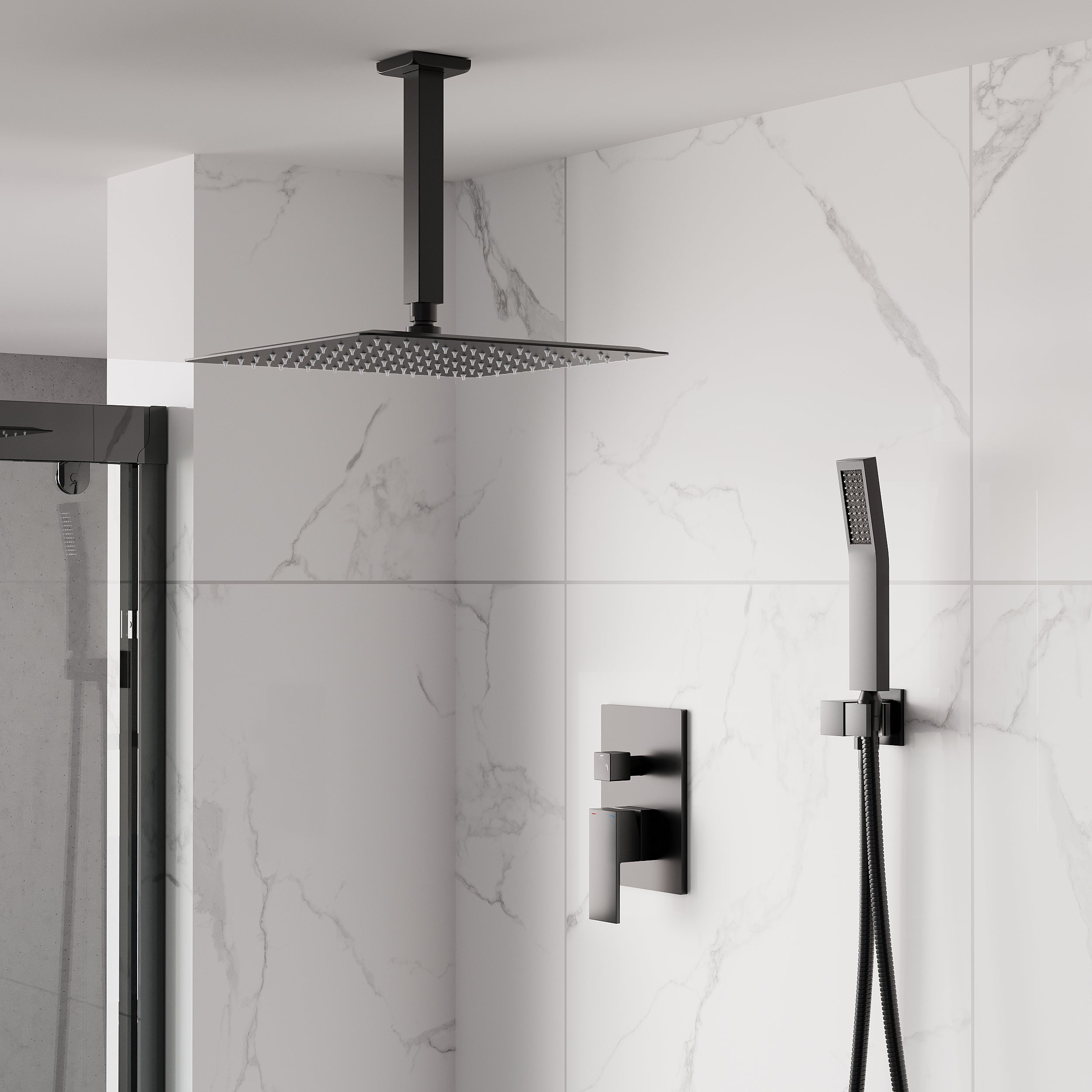 12-Inch Rain Shower System with Dual Heads, Waterfall & 2-Way Diverter, Ceiling Mount