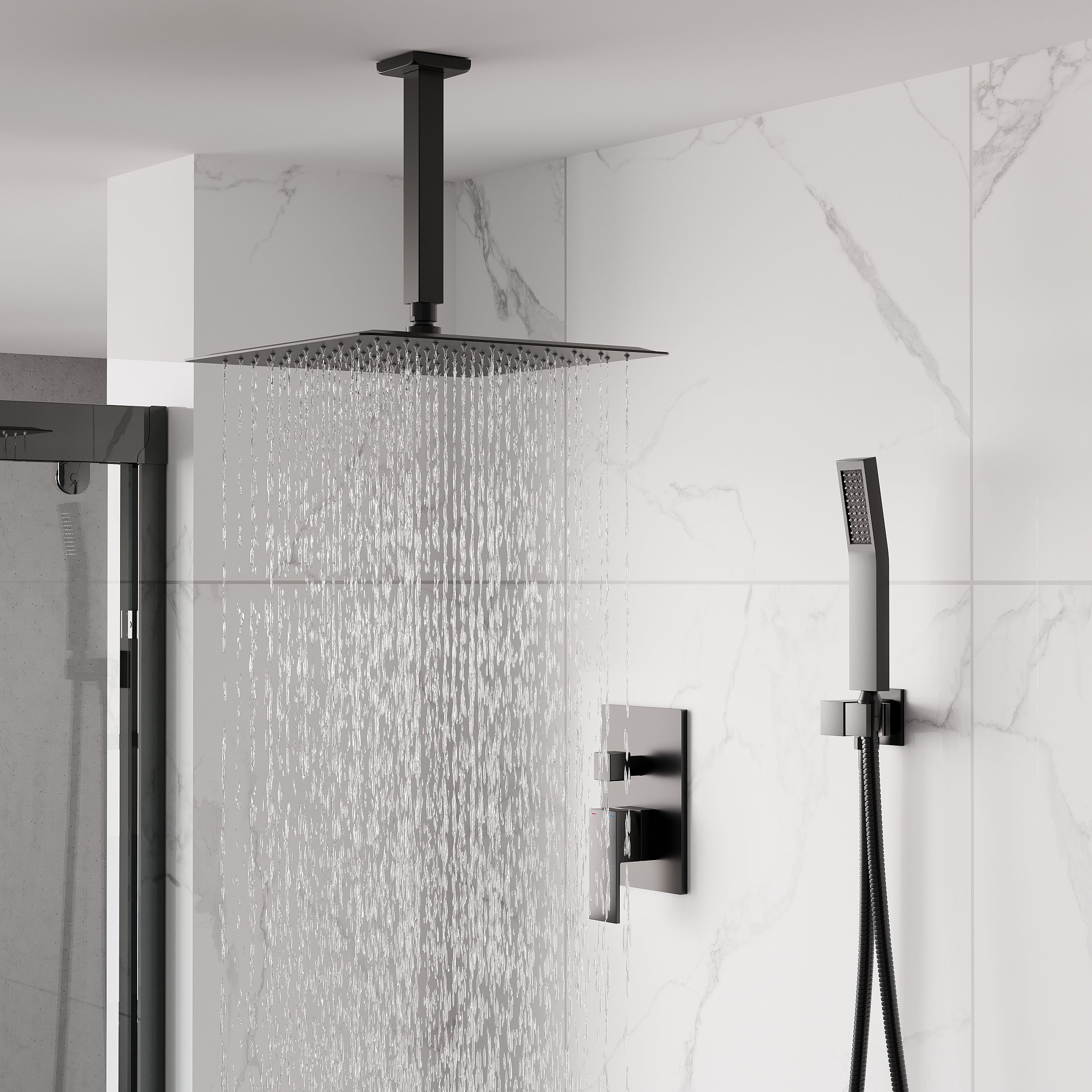 12-Inch Rain Shower System with Dual Heads, Waterfall & 2-Way Diverter, Ceiling Mount