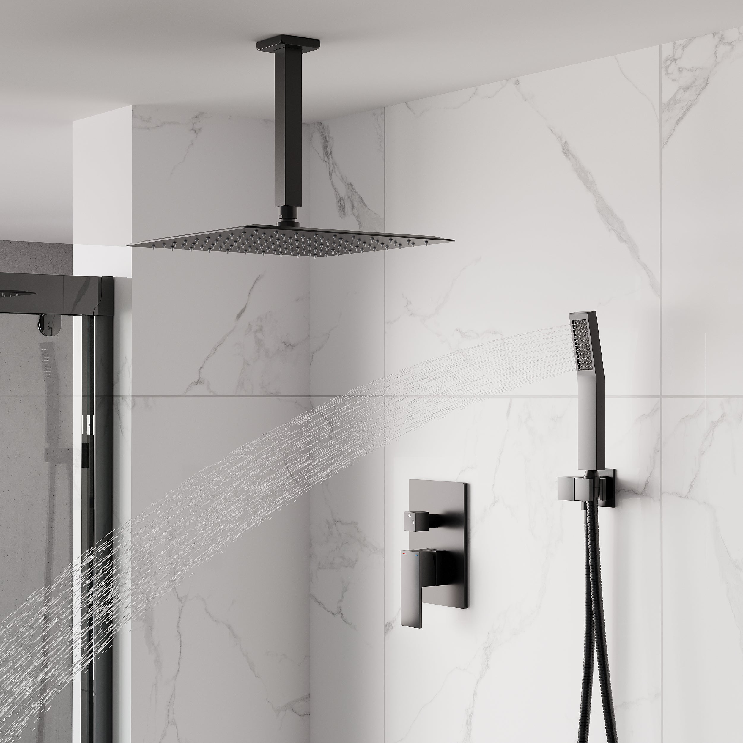 12-Inch Rain Shower System with Dual Heads, Waterfall & 2-Way Diverter, Ceiling Mount
