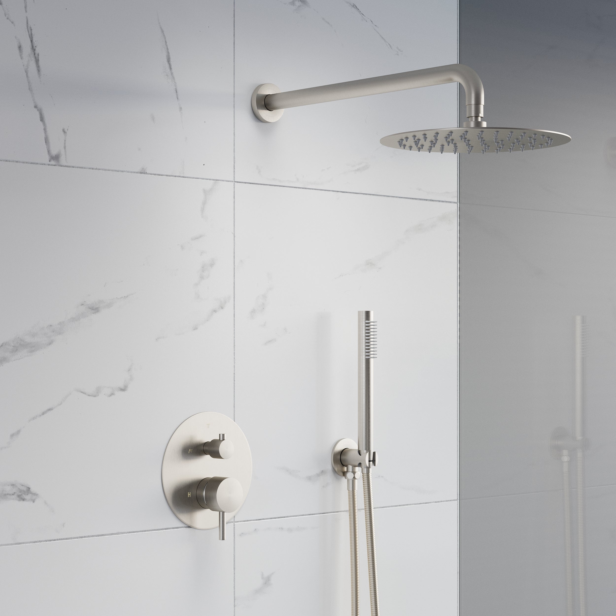 2-Function Pressure Balance Shower System with 10-Inch Rainfall Shower Head & Handheld, 304 Stainless Steel, Brushed Nickel