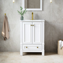 24 Inch Solid Wood Bathroom Vanity with cUPC Ceramic Basin, Soft-Close Doors and Brushed Gold Alloy Knobs