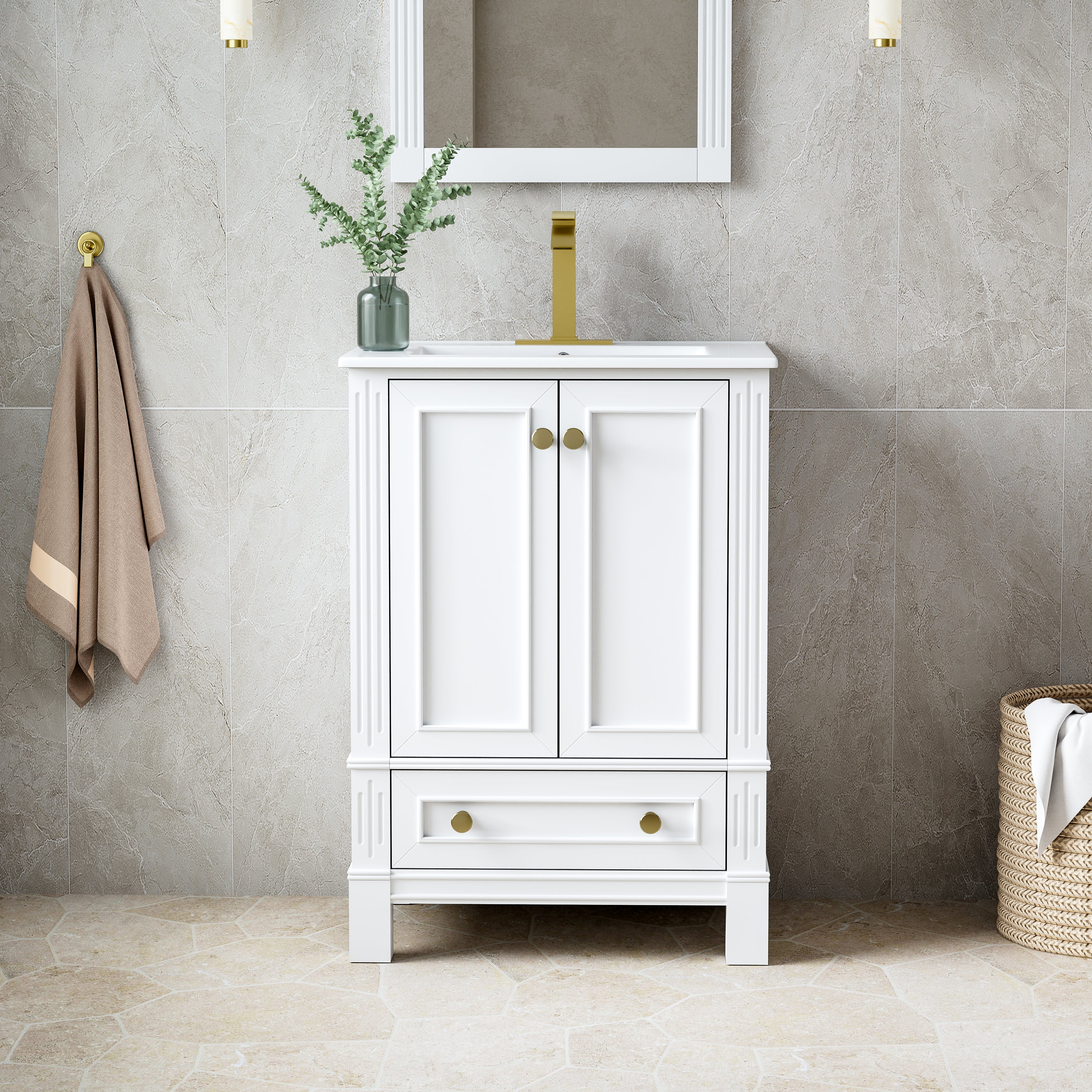 24 Inch Solid Wood Bathroom Vanity with cUPC Ceramic Basin, Soft-Close Doors and Brushed Gold Alloy Knobs