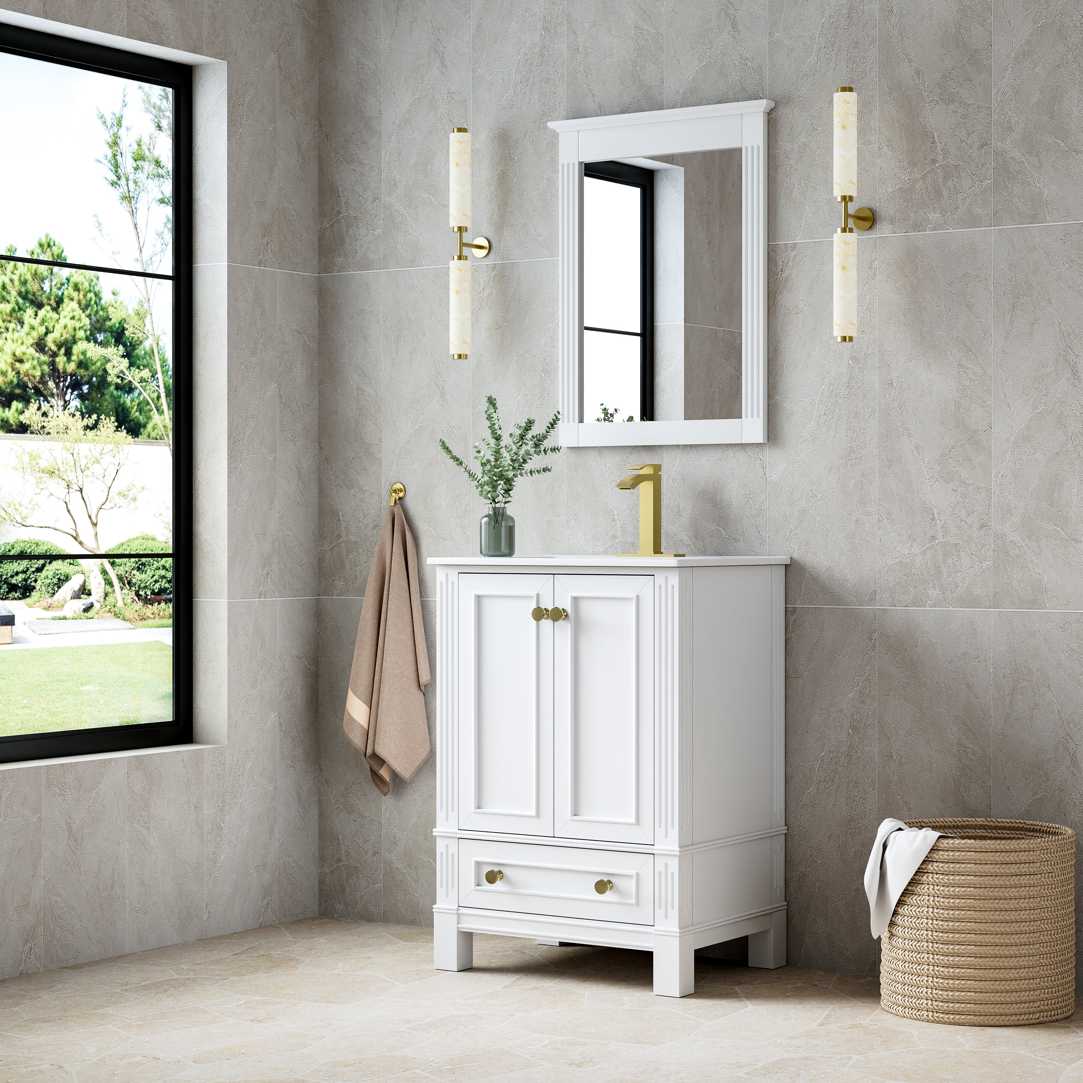 24 Inch Solid Wood Bathroom Vanity with cUPC Ceramic Basin, Soft-Close Doors and Brushed Gold Alloy Knobs