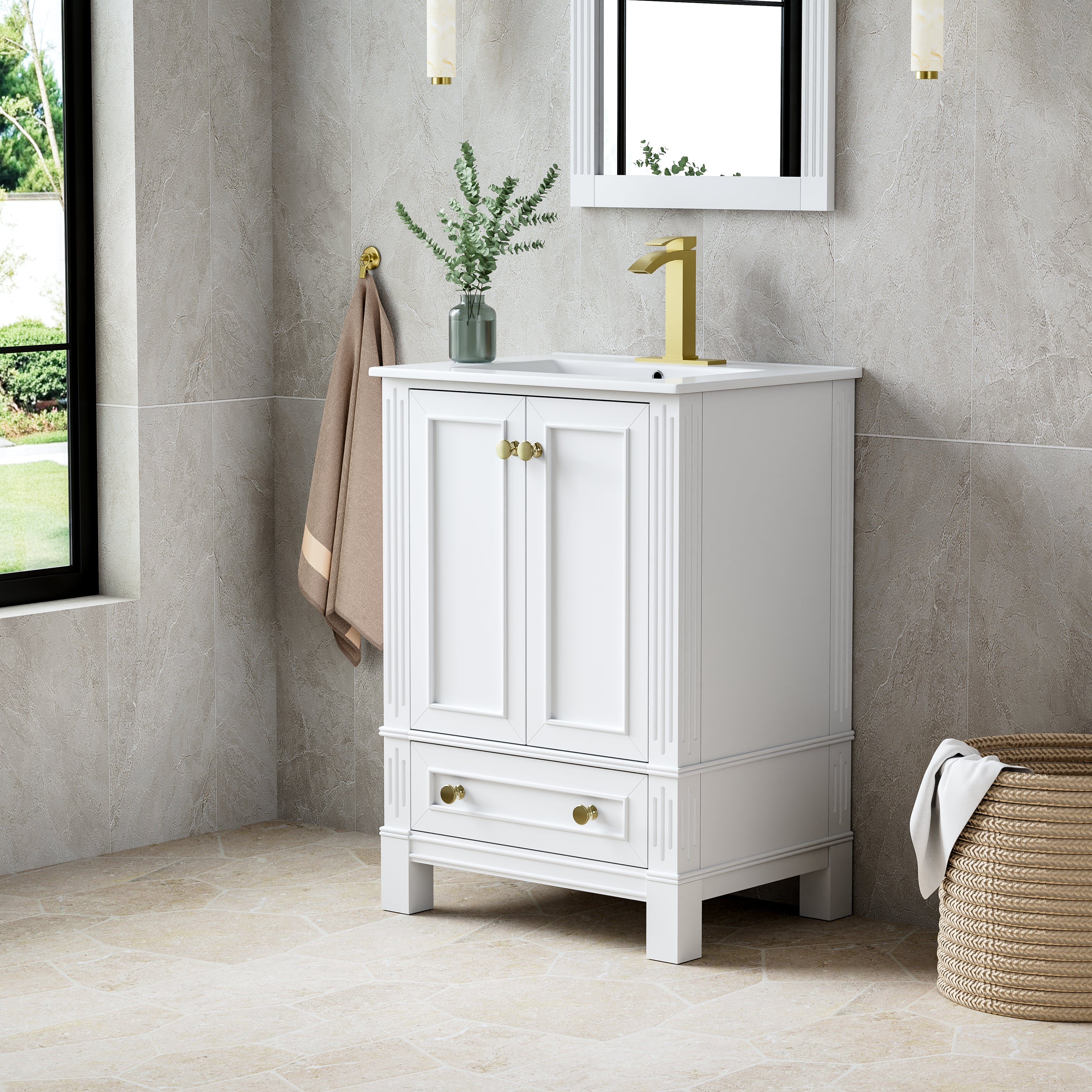 24 Inch Solid Wood Bathroom Vanity with cUPC Ceramic Basin, Soft-Close Doors and Brushed Gold Alloy Knobs
