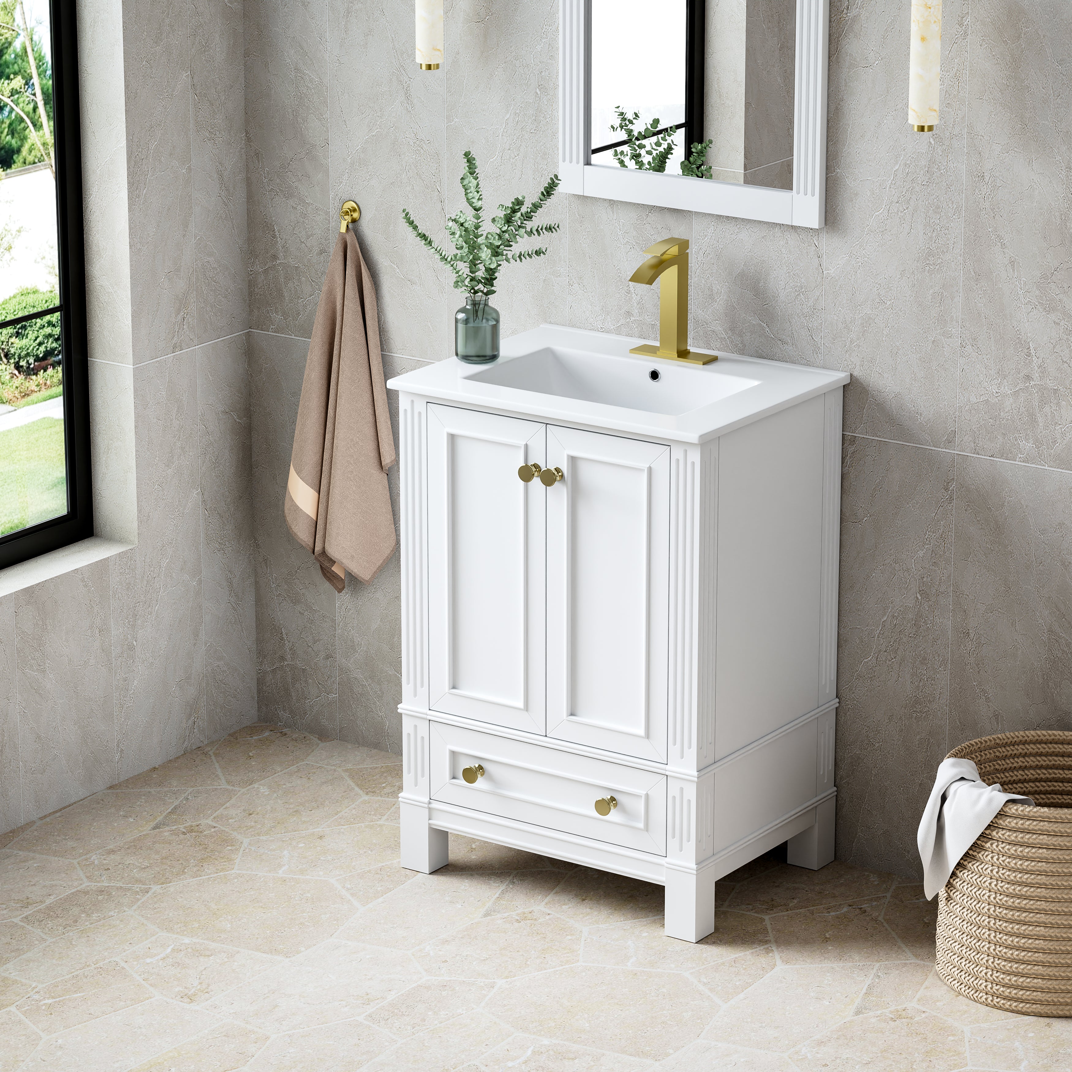 24 Inch Solid Wood Bathroom Vanity with cUPC Ceramic Basin, Soft-Close Doors and Brushed Gold Alloy Knobs