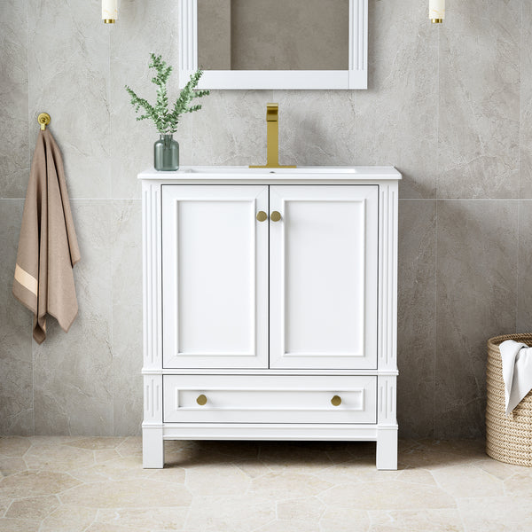 30 Inch Solid Wood Bathroom Vanity with cUPC Ceramic Basin, Soft-Close Doors and Brushed Gold Alloy Knobs