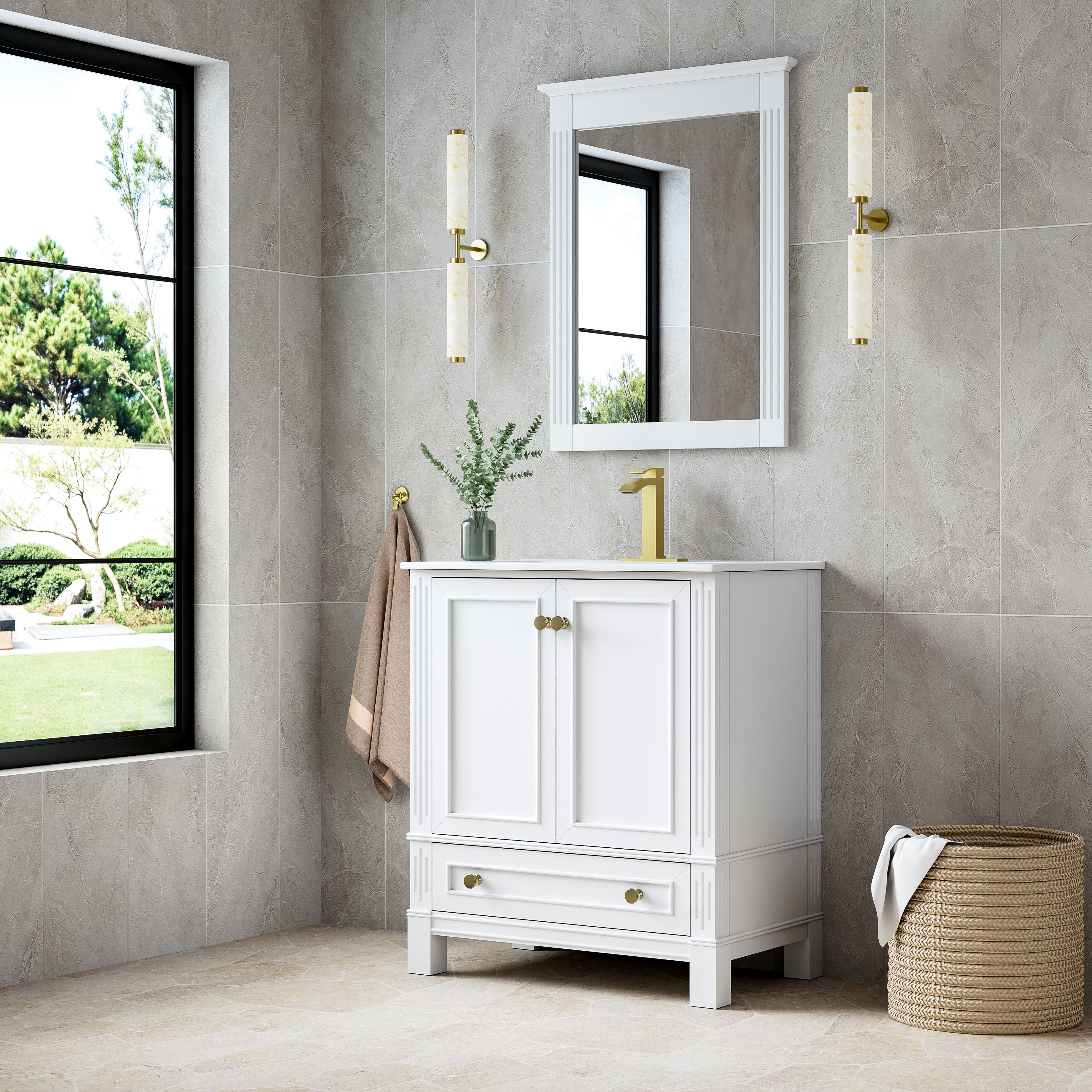 30 Inch Solid Wood Bathroom Vanity with cUPC Ceramic Basin, Soft-Close Doors and Brushed Gold Alloy Knobs