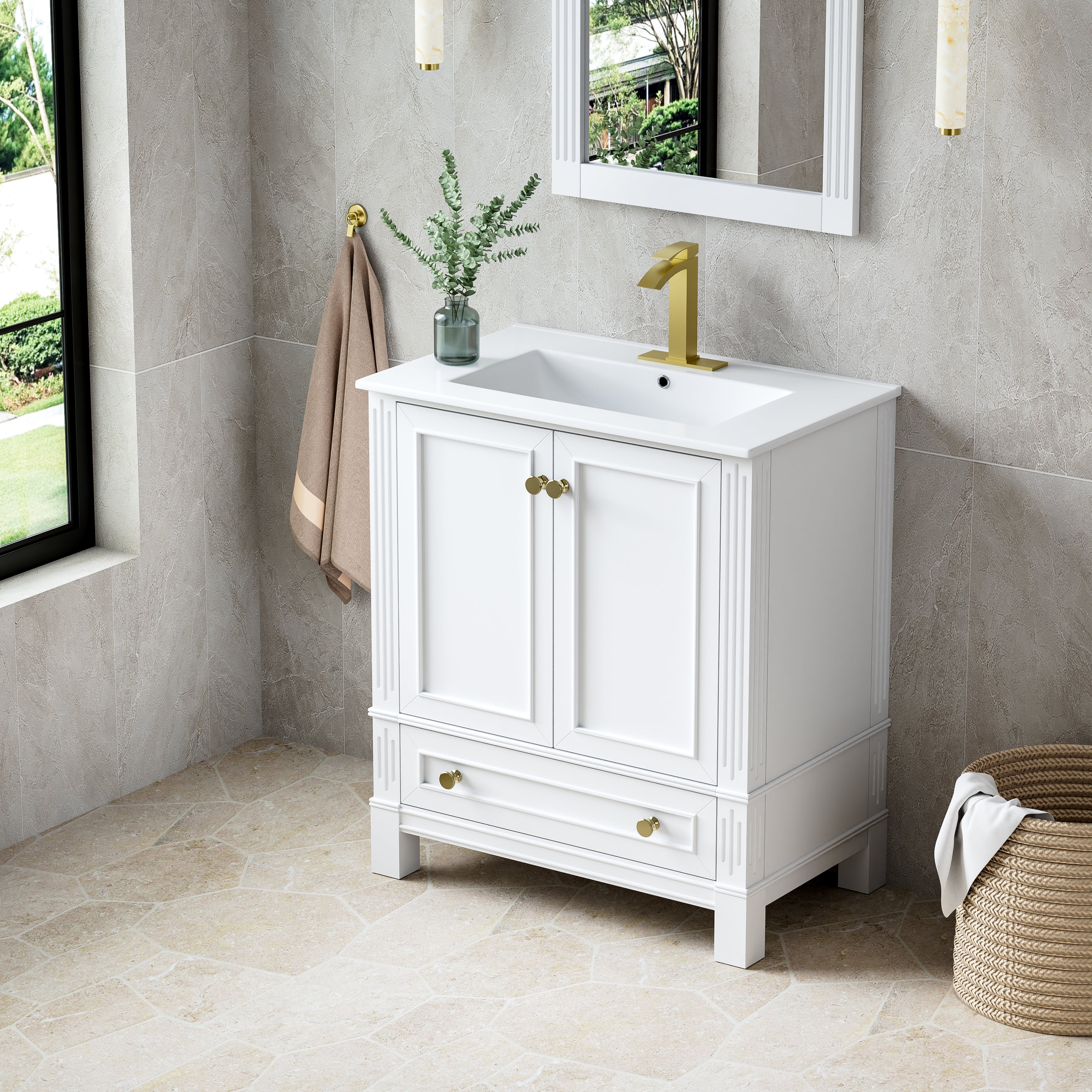 30 Inch Solid Wood Bathroom Vanity with cUPC Ceramic Basin, Soft-Close Doors and Brushed Gold Alloy Knobs