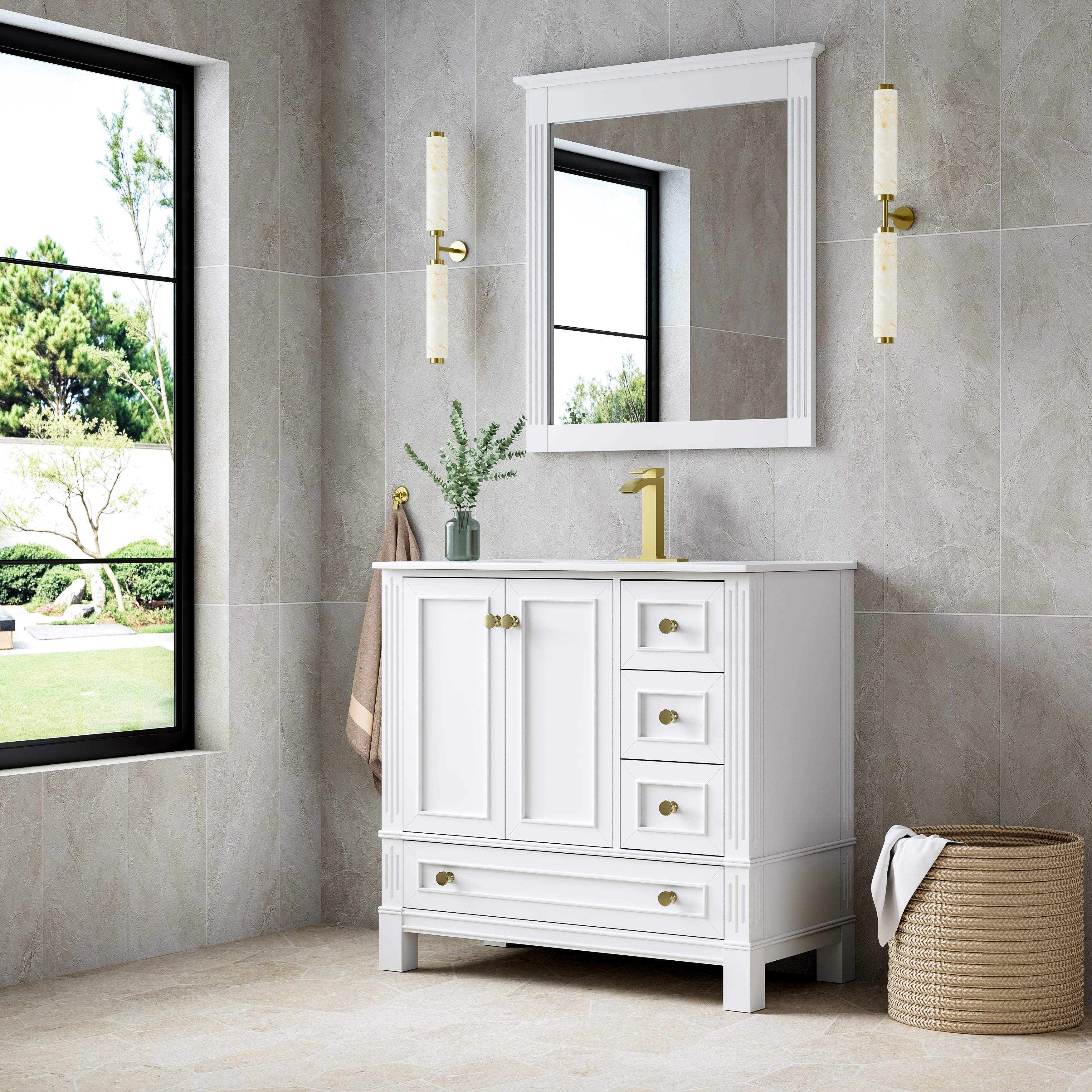 36 Inch Solid Wood Bathroom Vanity with cUPC Ceramic Basin, Soft-Close Doors and Brushed Gold Alloy Knobs