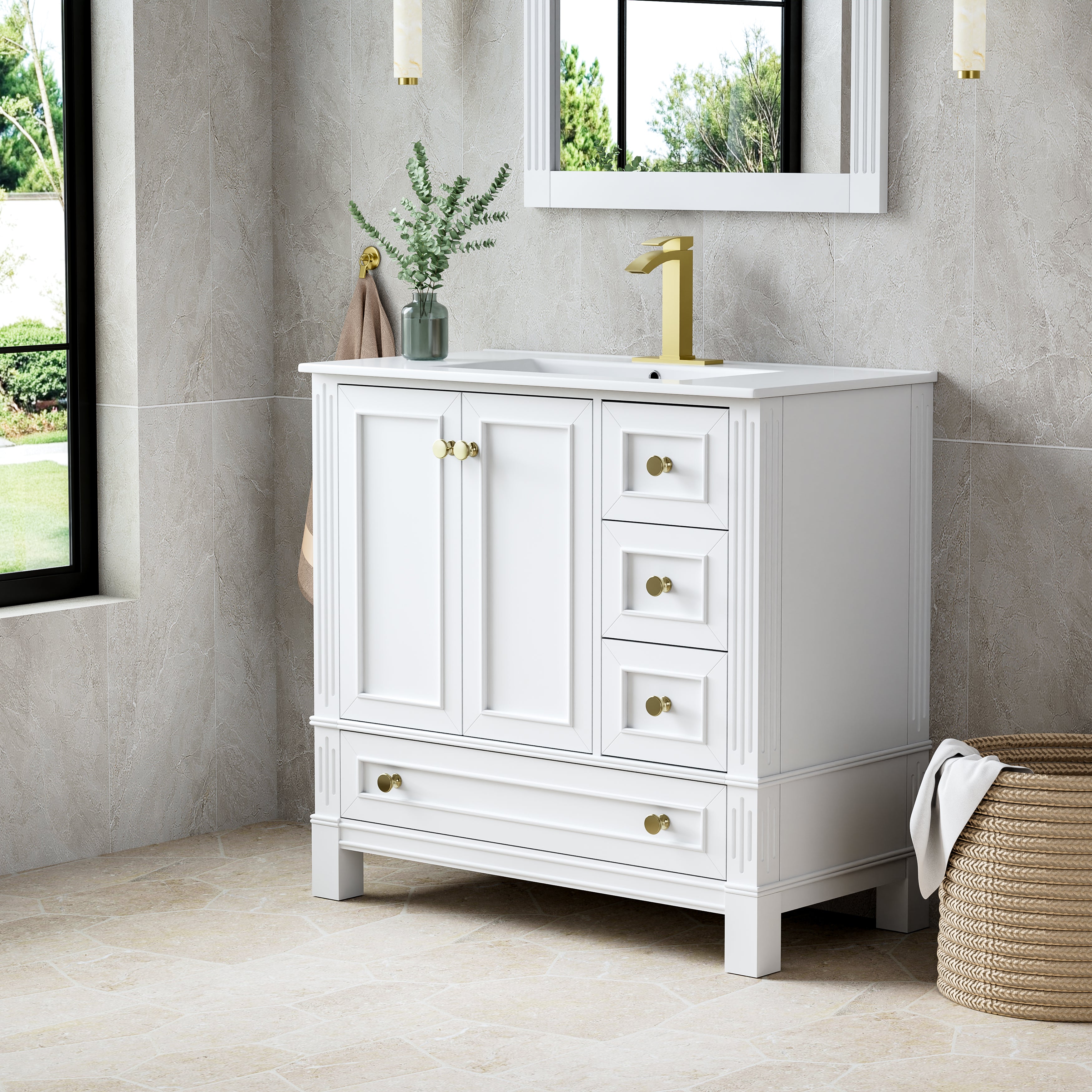 36 Inch Solid Wood Bathroom Vanity with cUPC Ceramic Basin, Soft-Close Doors and Brushed Gold Alloy Knobs