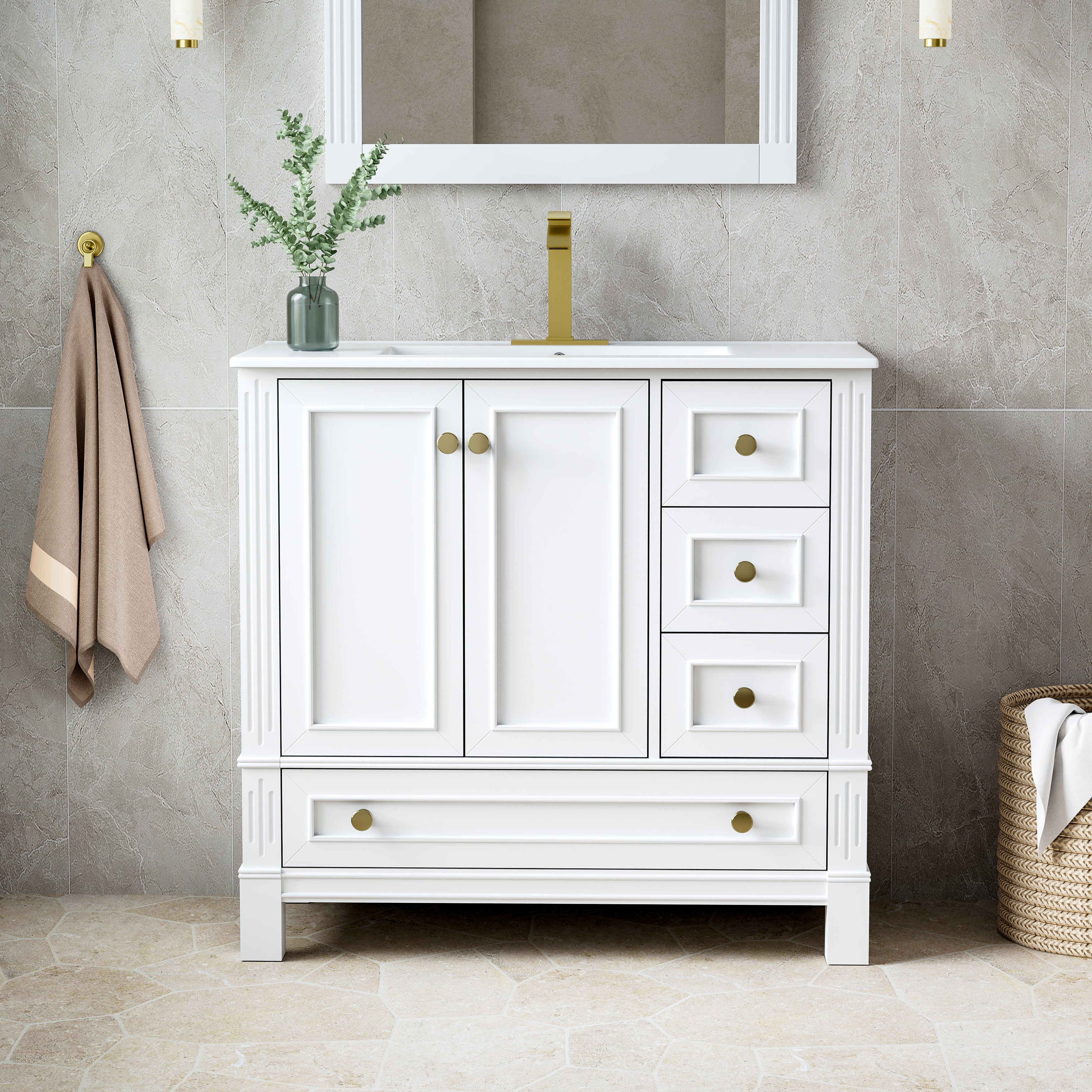 36 Inch Solid Wood Bathroom Vanity with cUPC Ceramic Basin, Soft-Close Doors and Brushed Gold Alloy Knobs